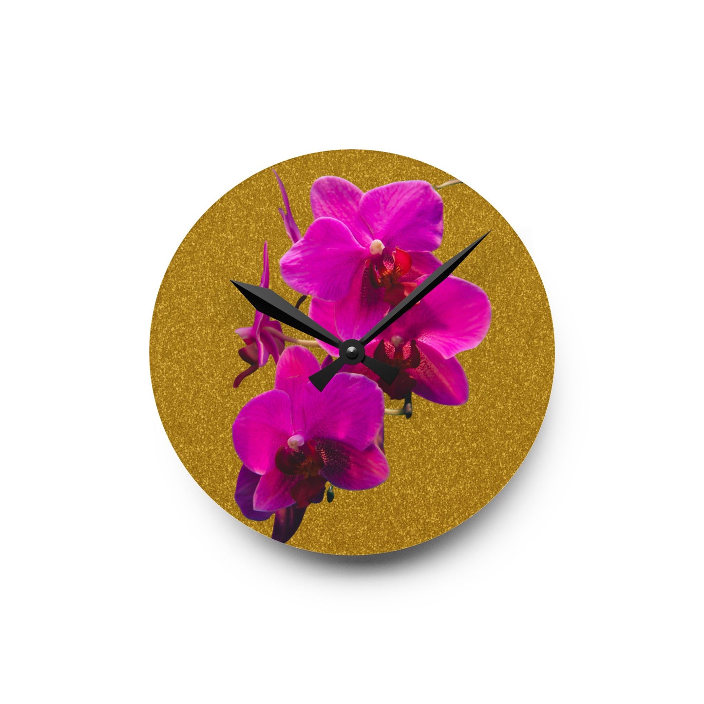 Acrylic Wall Clock - Purple Orchids/Gold, Various Sizes