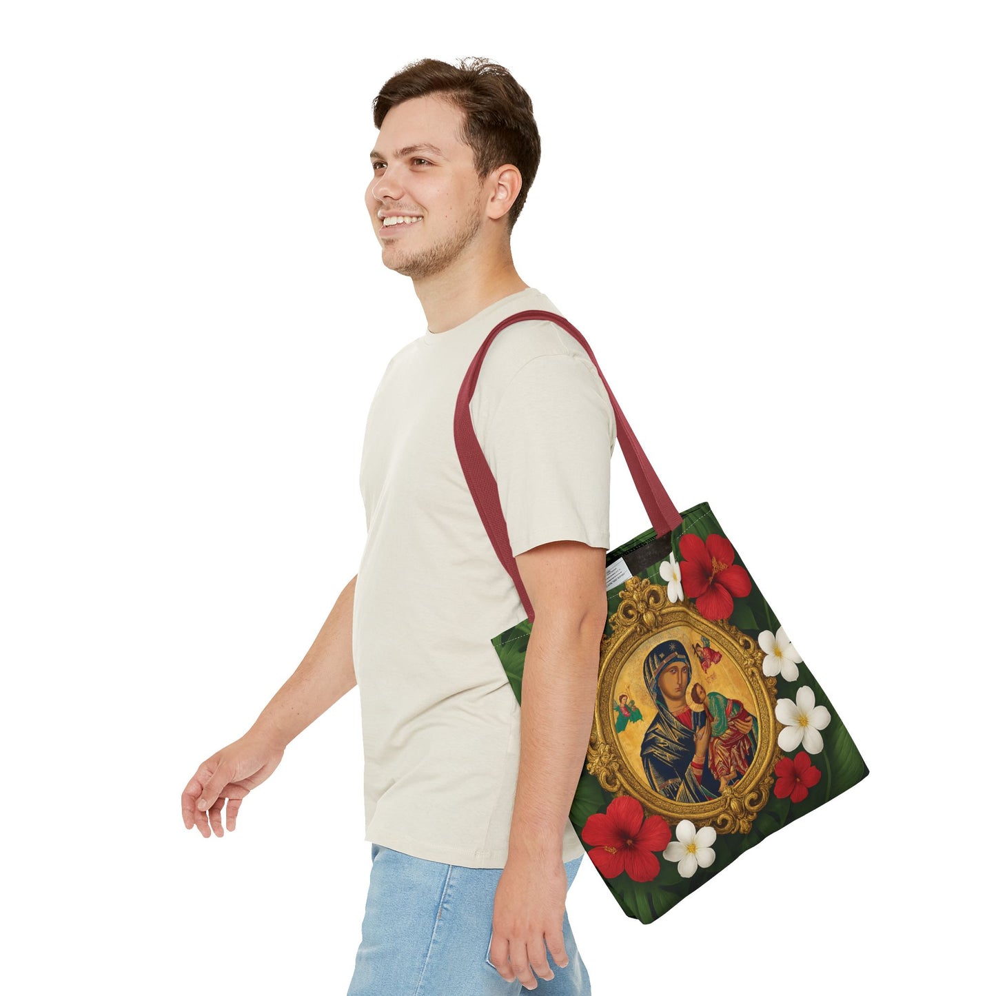Religious Art Polyester Tote Bag, 3 Sizes / Our Lady of Perpetual Help, Red Flowers