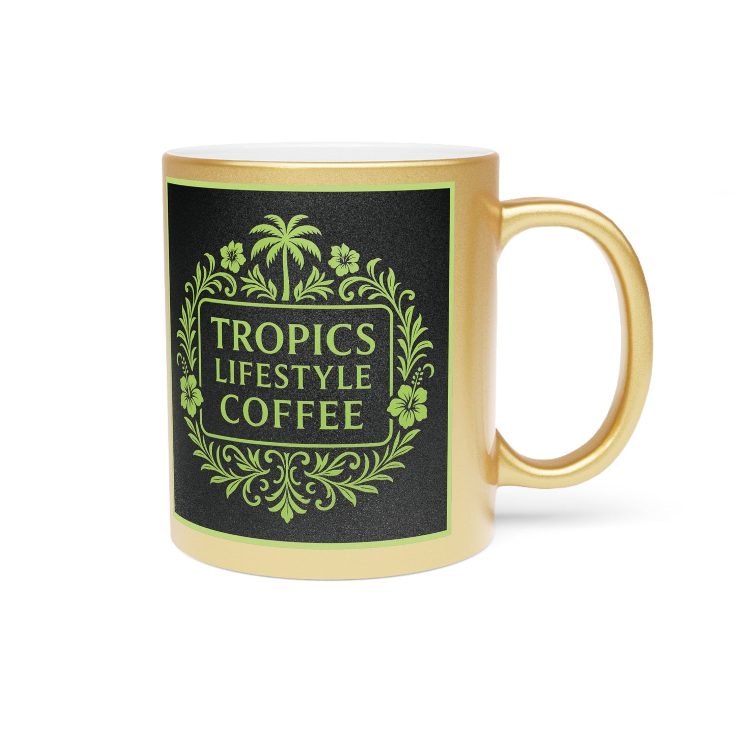 Tropical Metallic Mug, Gold or Silver - Tropics Lifestyle Coffee, Black/Green Logo