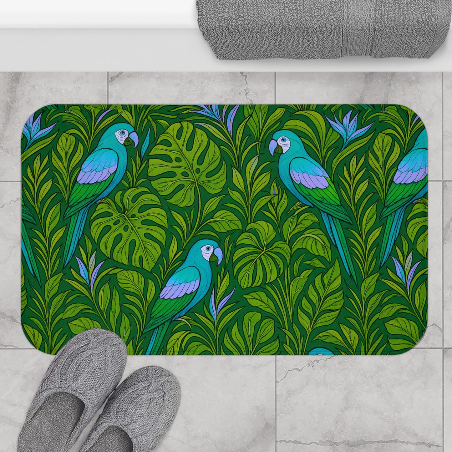 Parrot Family/Blue Bath Mat, 2 Sizes - Tropical Vibes for Home Decor