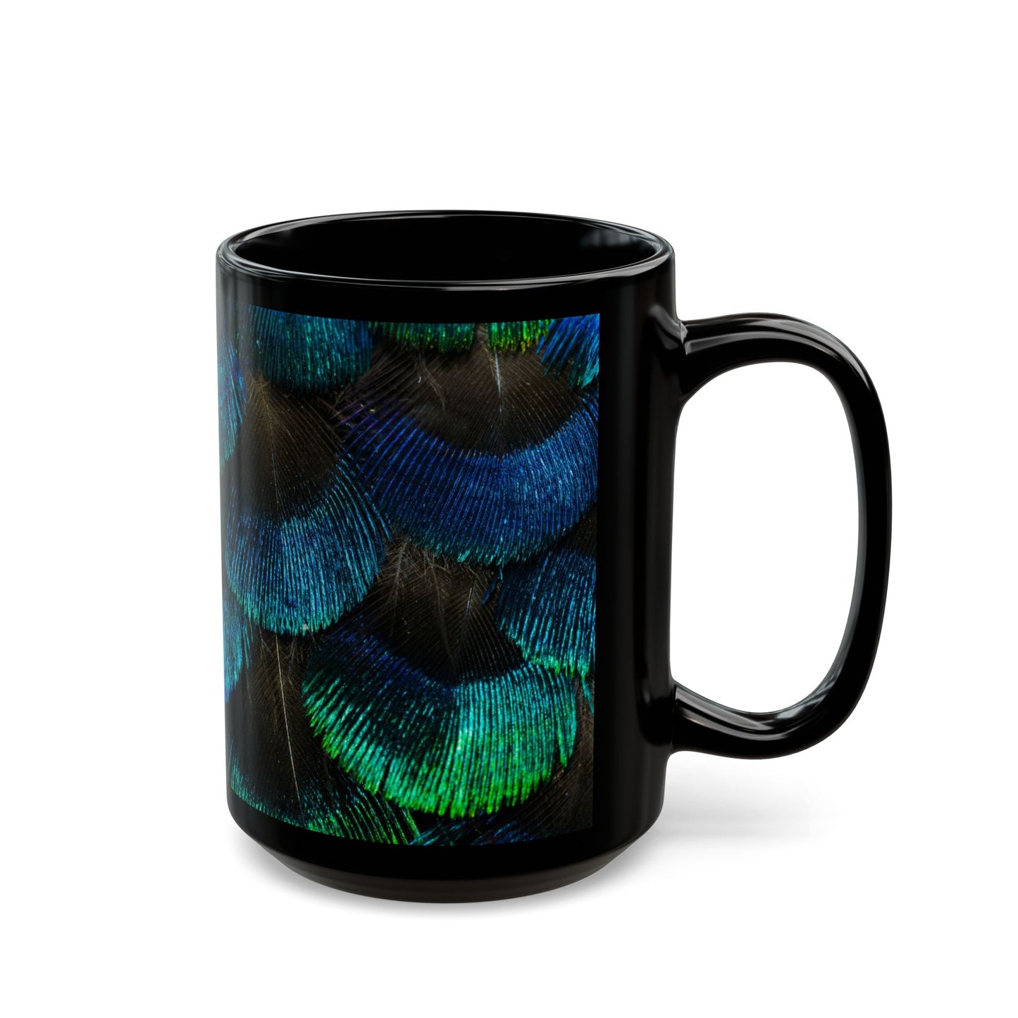 Vibrant Peacock Feathers Black Coffee Mug - Perfect for Nature Lovers