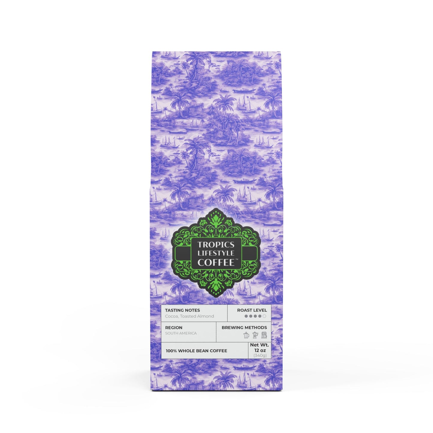 Midnight Surf Blend™ (Medium-Dark Roast) Specialty Grade Craft Coffee / Tropical Toile, Purple