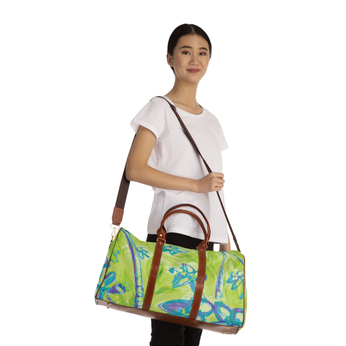 Tropical Waterproof Travel Bag - Perfect for Beach Getaways / Tropical Doodles, Hot Lime