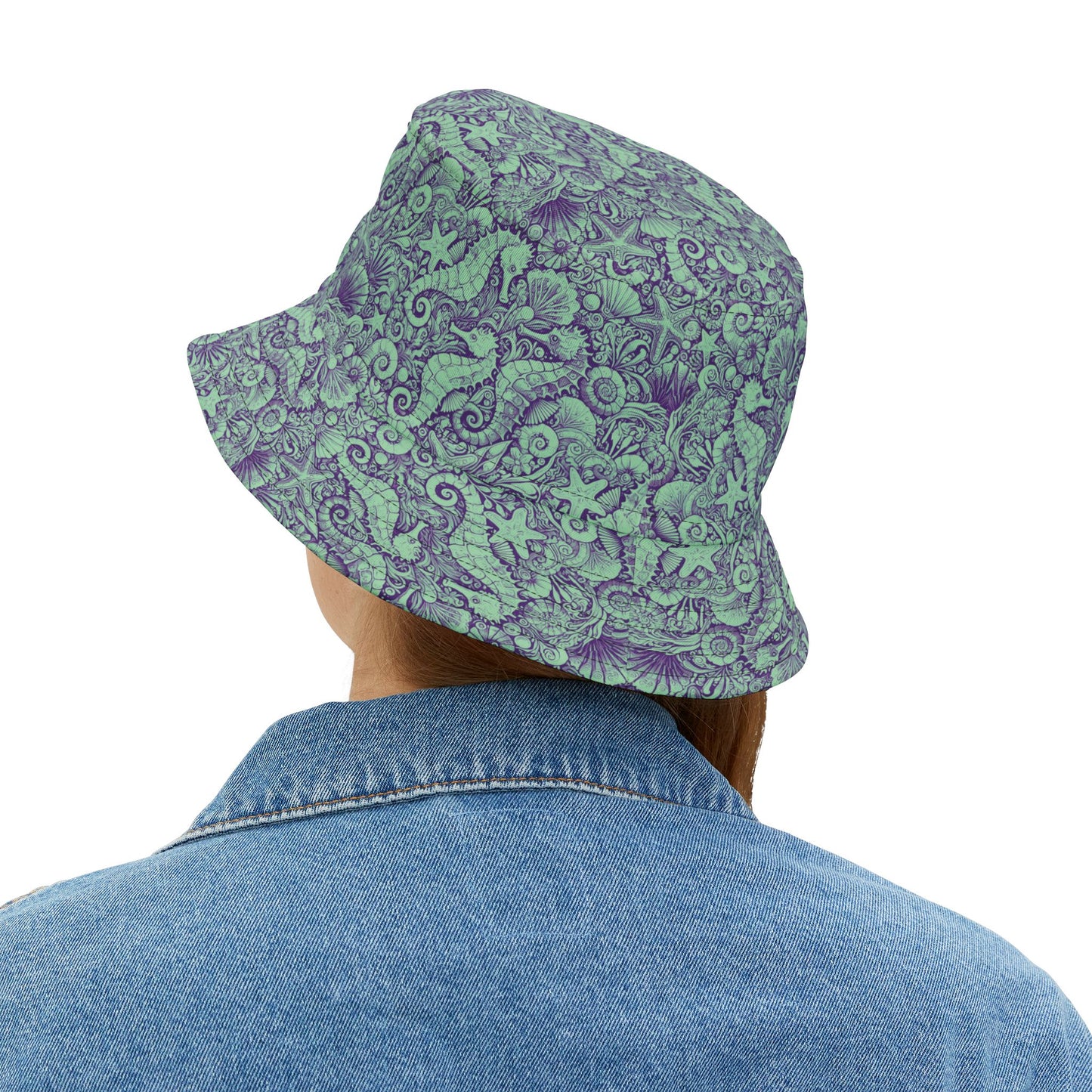 Tropical Polyester Bucket Hat, 2 Sizes - Seahorses Minty