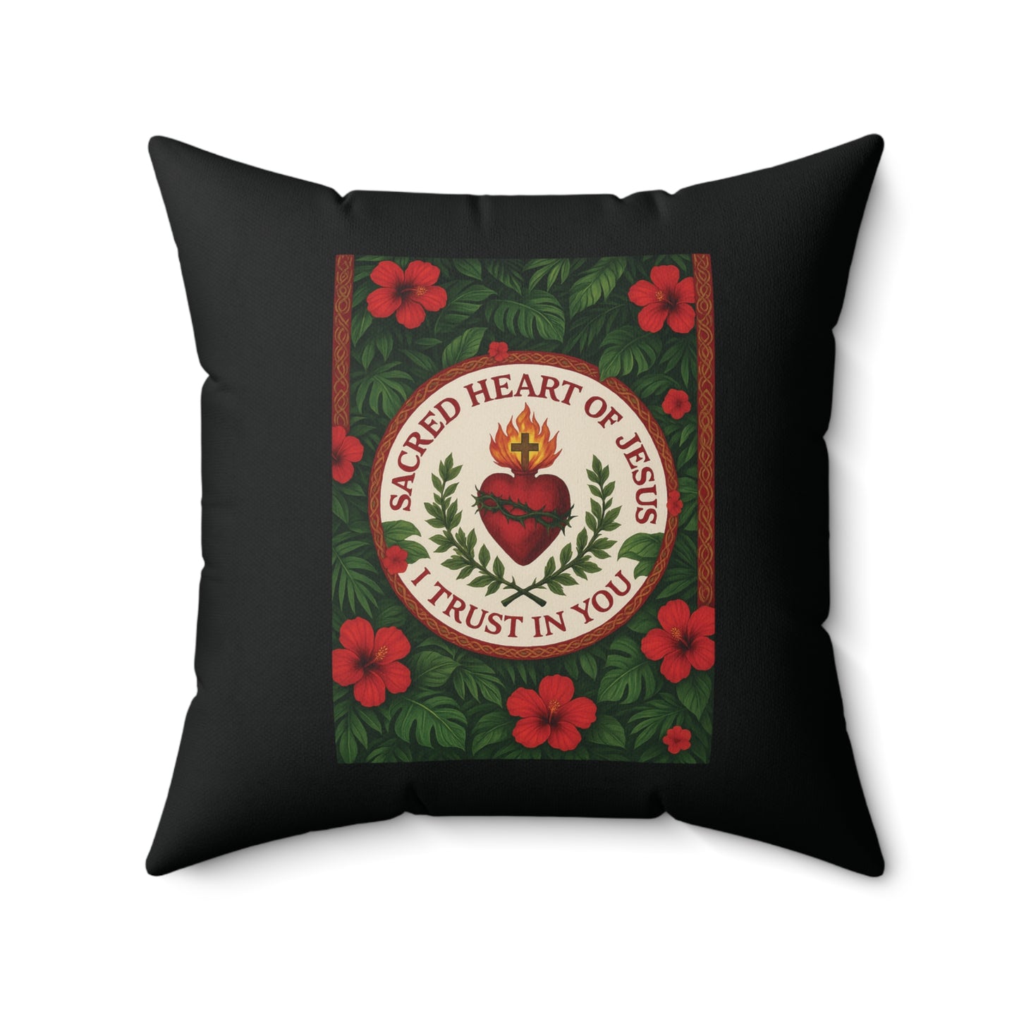 Religious Decorative Pillow - Accent Cushion, 4 Sizes / Sacred Heart of Jesus Prayer, Black