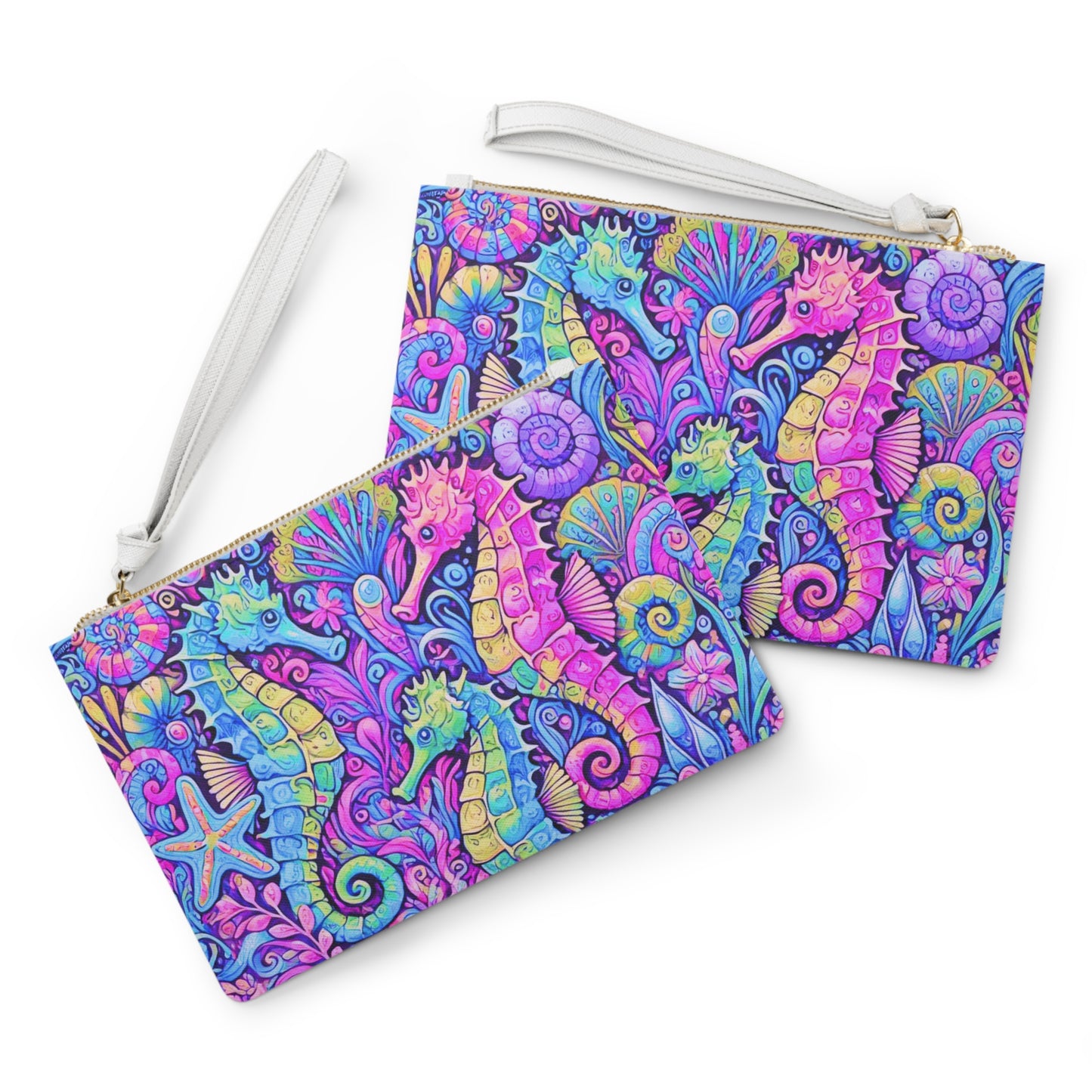 Tropical Faux Leather Clutch Bag - Perfect for Beach Adventures & Summer Vacations / Seahorse Trio, Fantasy Pop