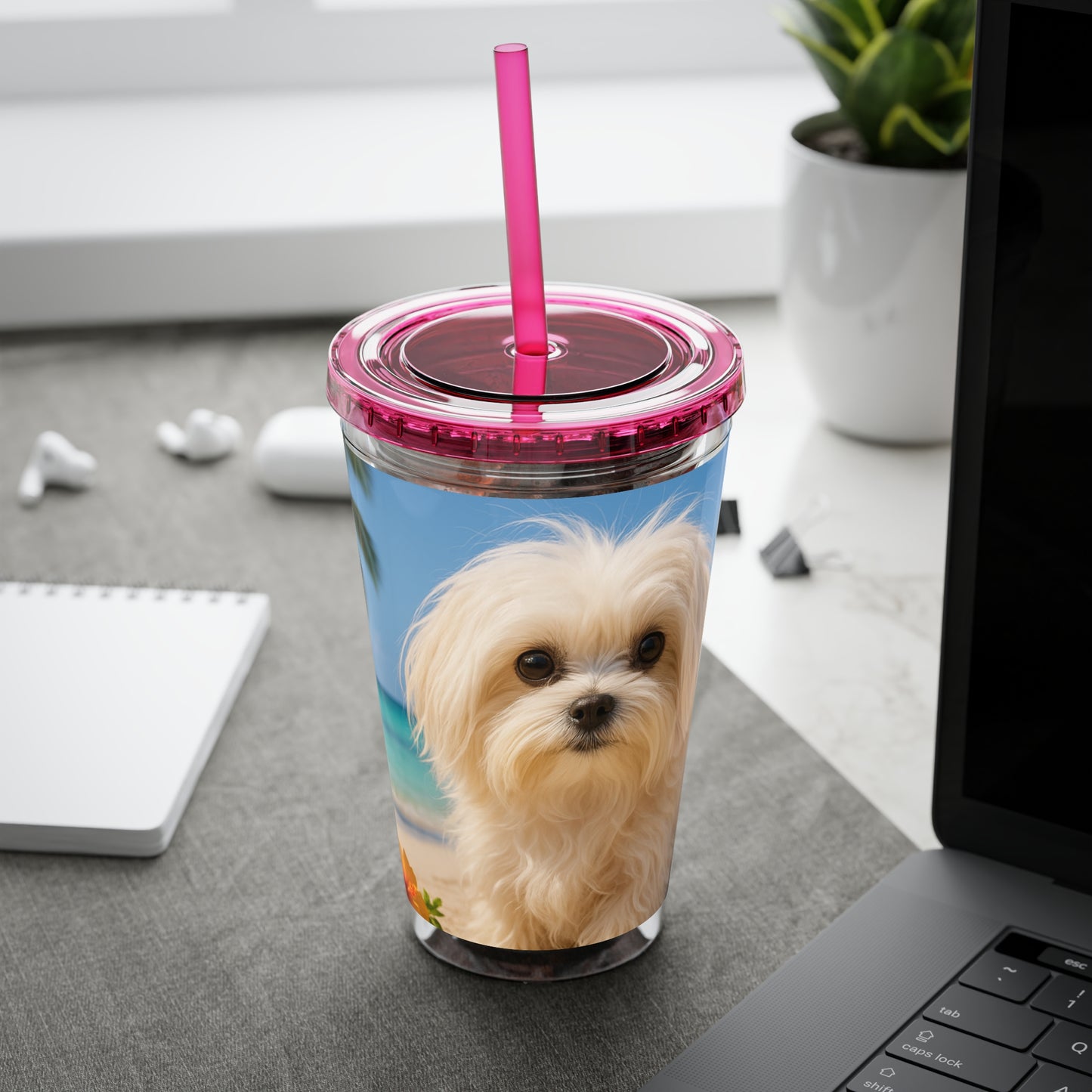 Tropical Tumbler with Straw | 16oz Colorful Travel Cup / Puppy Ariel at the Beach