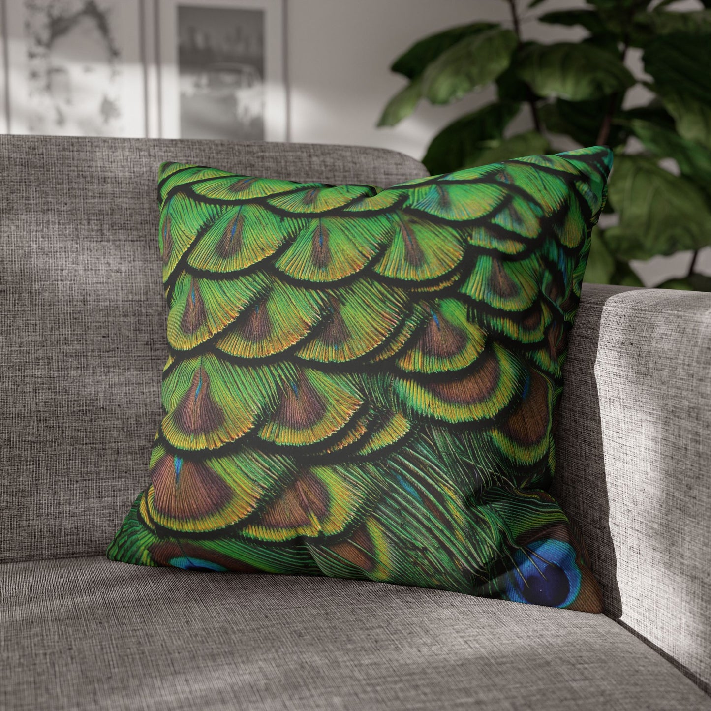 Faux Suede Square Pillowcase - Majestic Green Peacock Feathers