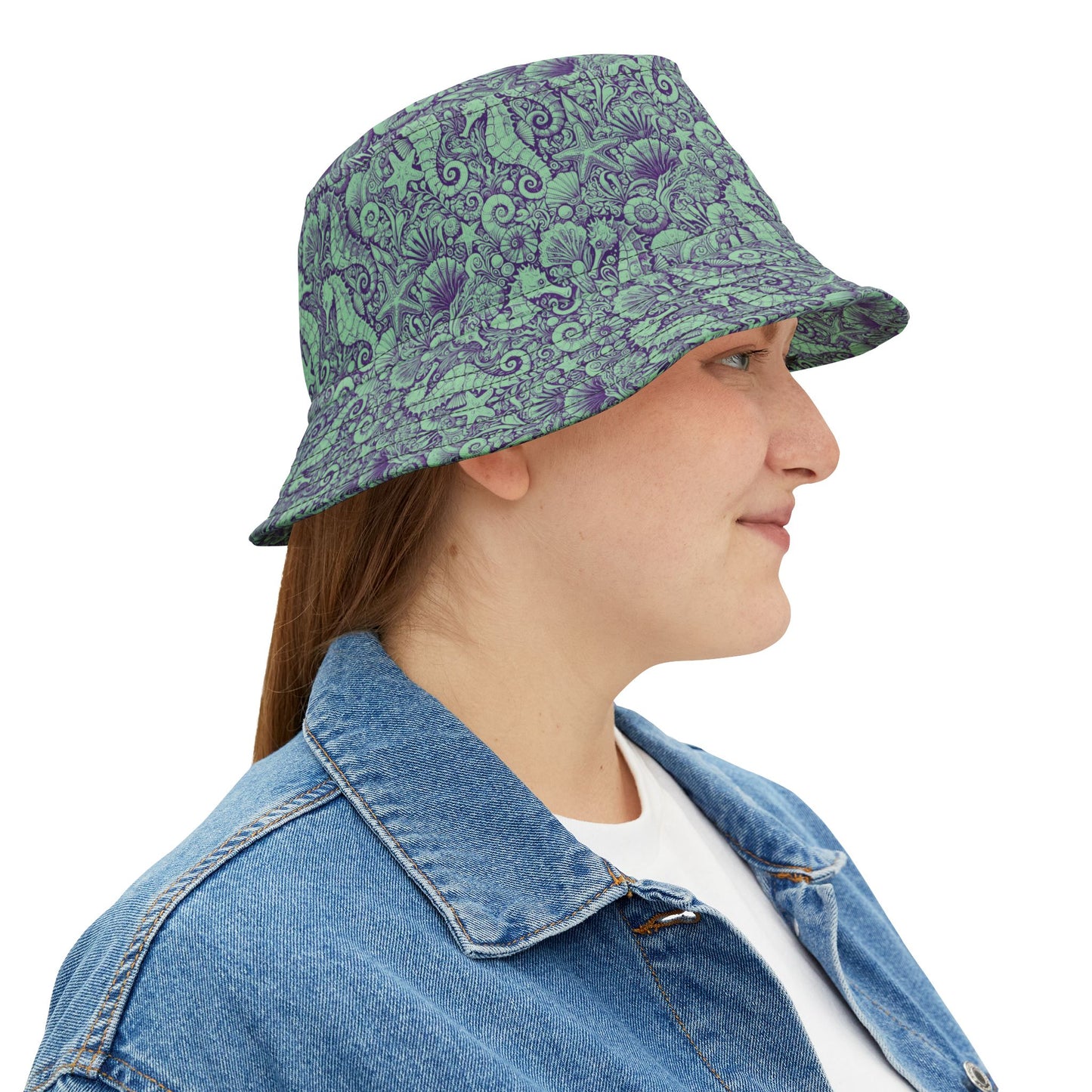 Tropical Polyester Bucket Hat, 2 Sizes - Seahorses Minty