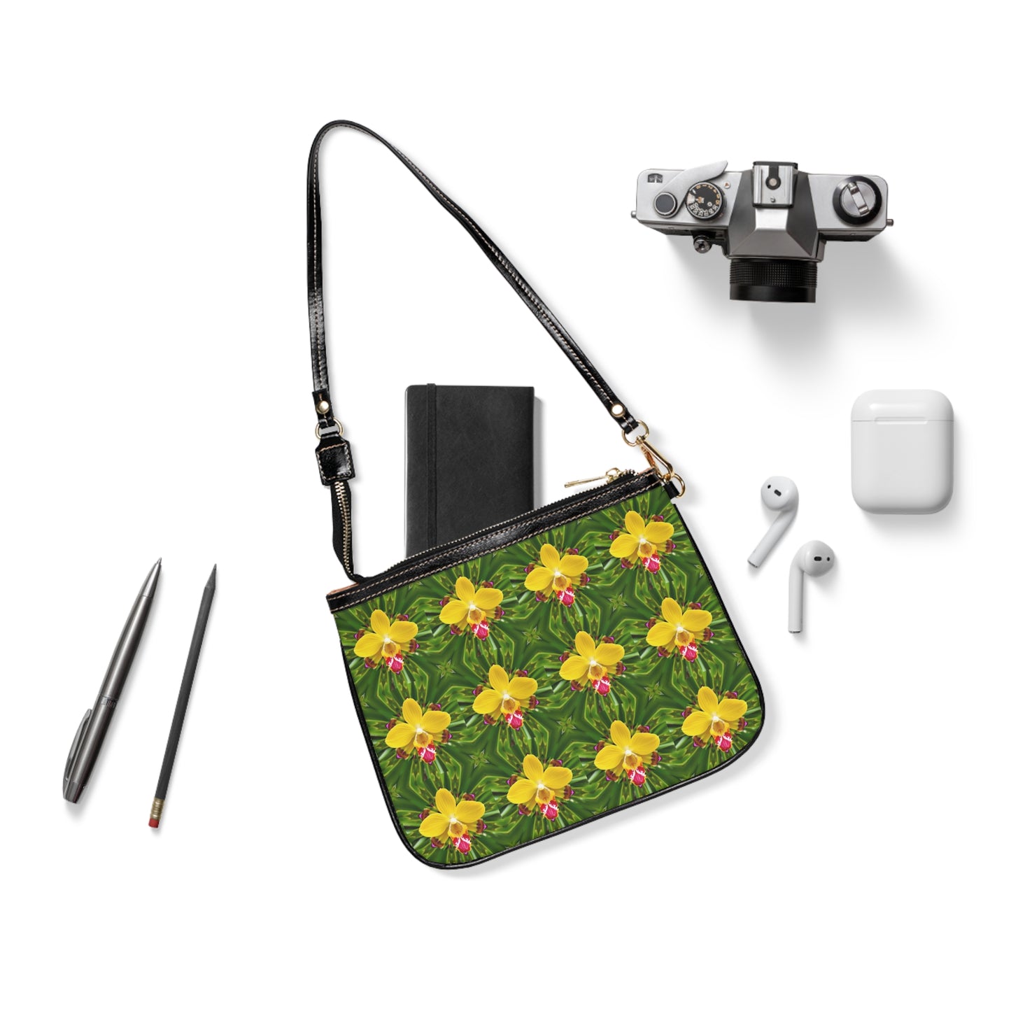 Tropical Floral Small Shoulder Bag - Stylish and Versatile Handbag / Yellow Orchid Kaleidoscope