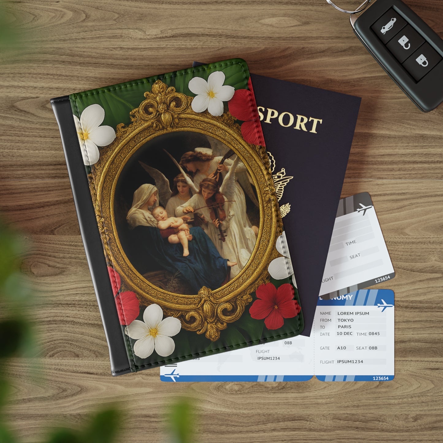 Religious Tropical Passport Cover, Faux Leather - RFID blocking for travel security / Song of the Angels