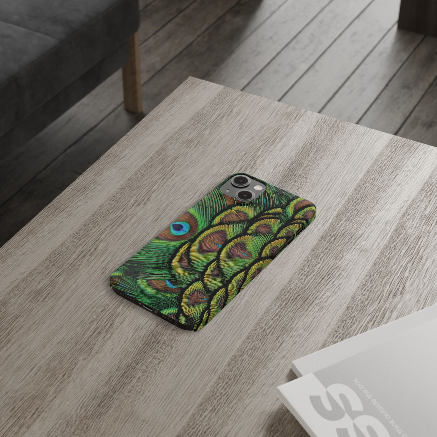 Slim Phone Cases - Brilliant Green Peacock Feathers