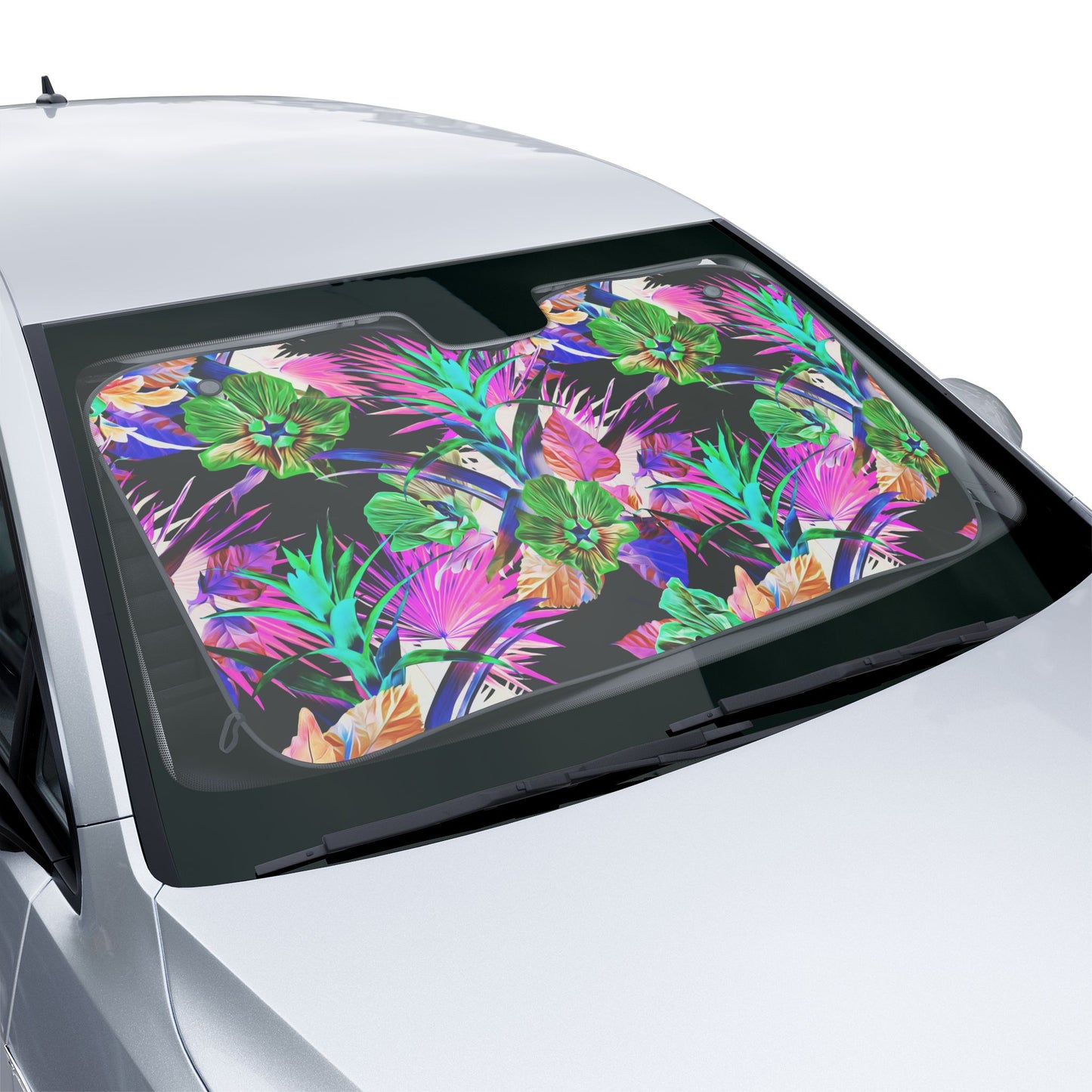 Tropical Floral Car Sun Shades / Plant Palooza, Black