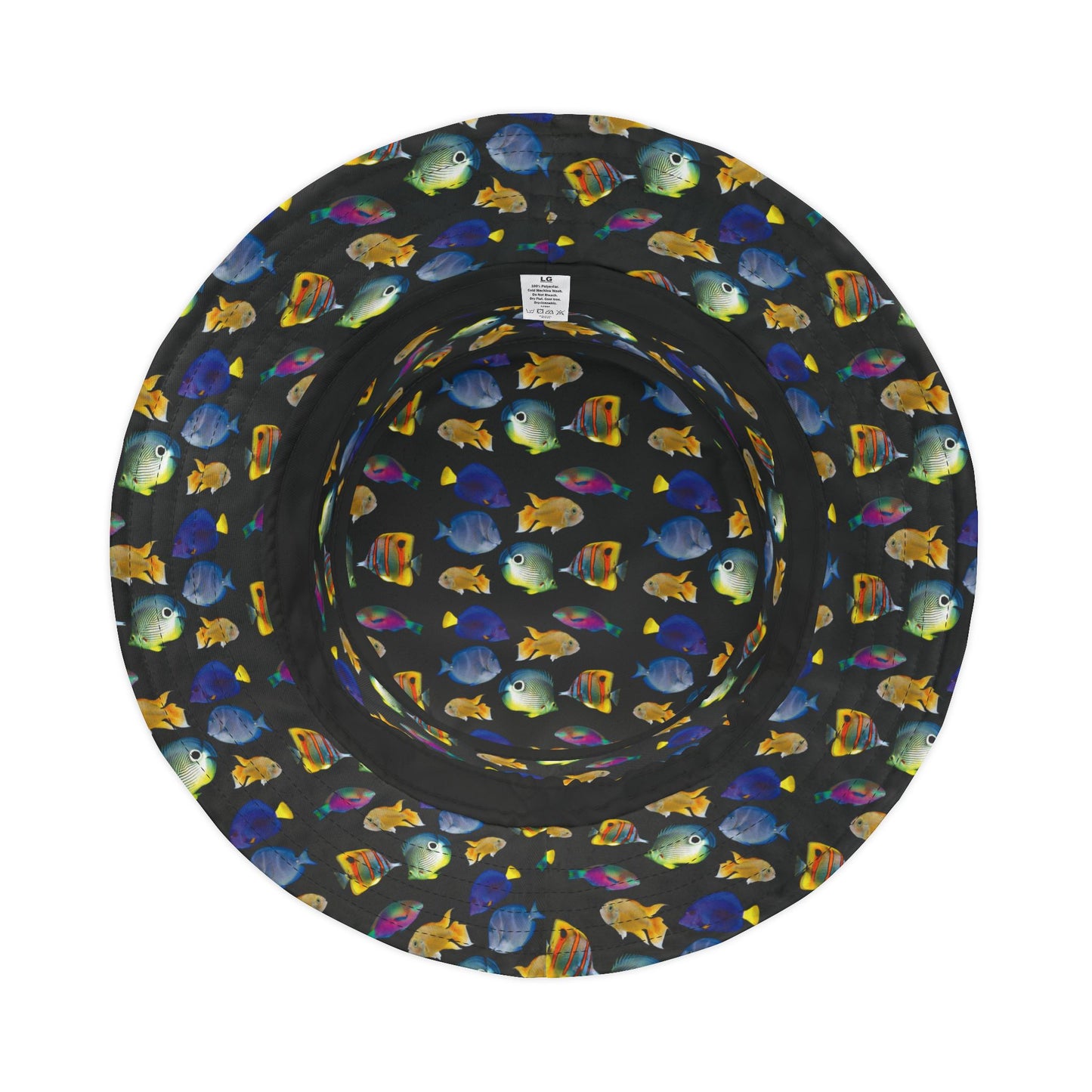 Tropical Polyester Bucket Hat, 2 Sizes - School of Fish / Black