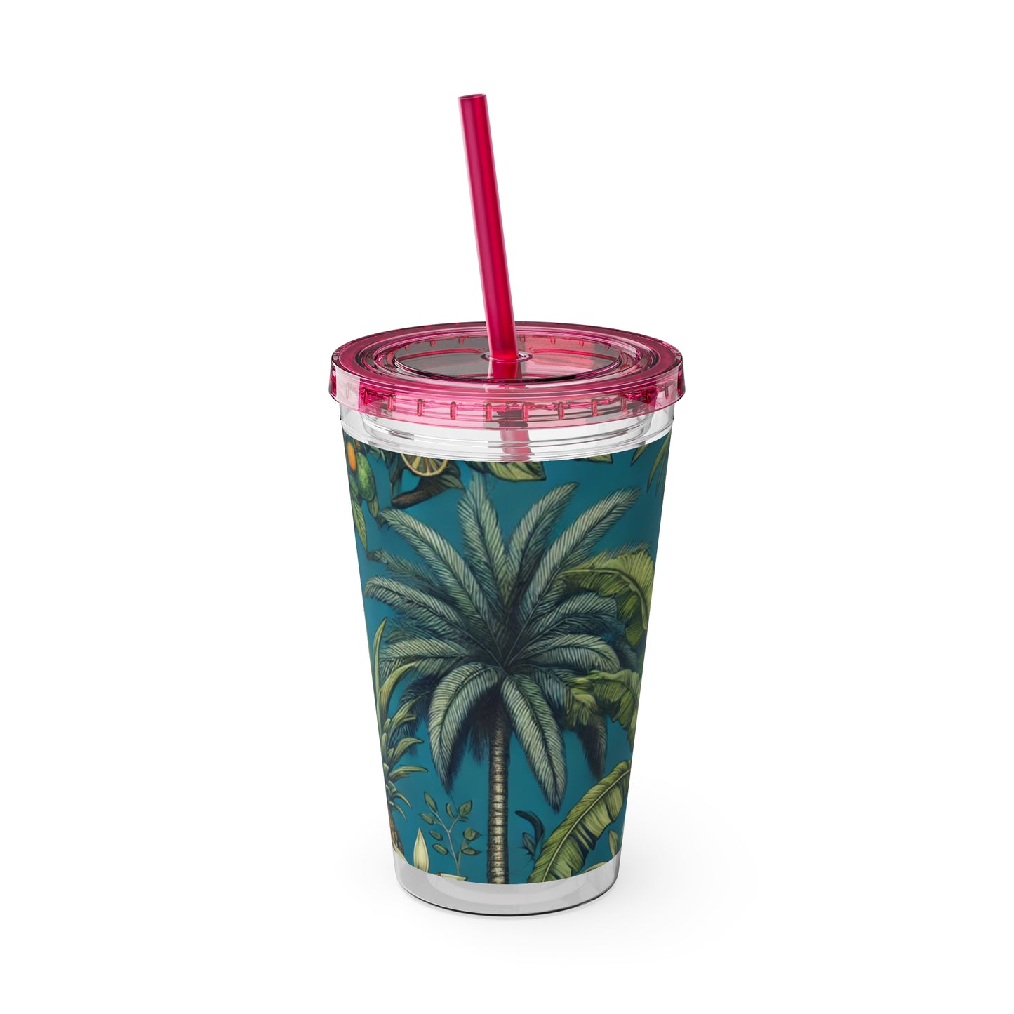 Tropical Tumbler with Straw | 16oz Colorful Travel Cup / Tropical Fruit Blue