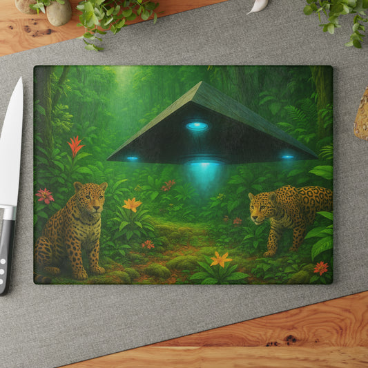Glass Cutting Board, 2 sizes - Rainforest UFO and Jaguars