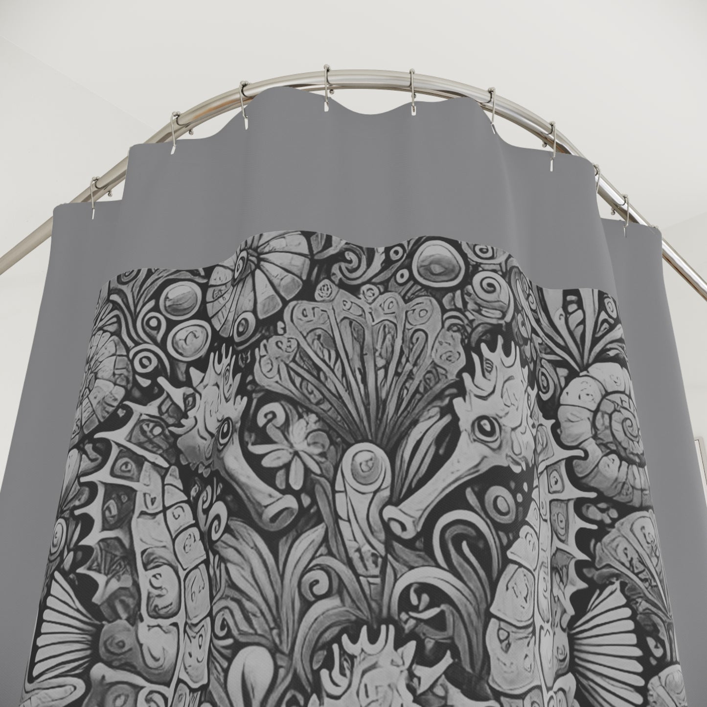 Tropical Shower Curtain - Ocean Bathroom Decor / Seahorse Trio Noir/Grey