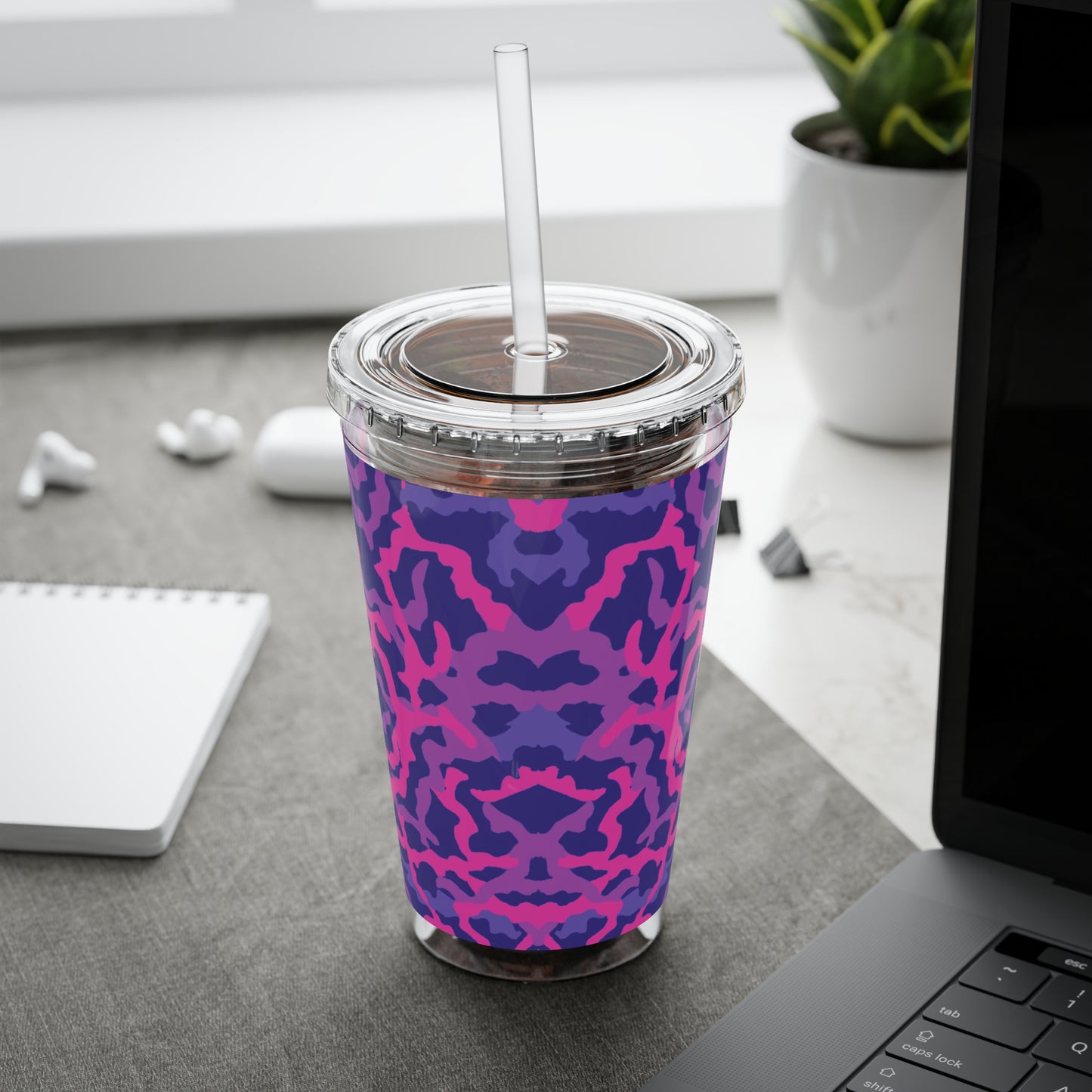 Tropical Tumbler with Straw | 16oz Colorful Travel Cup / Coral Threads, Heatwave