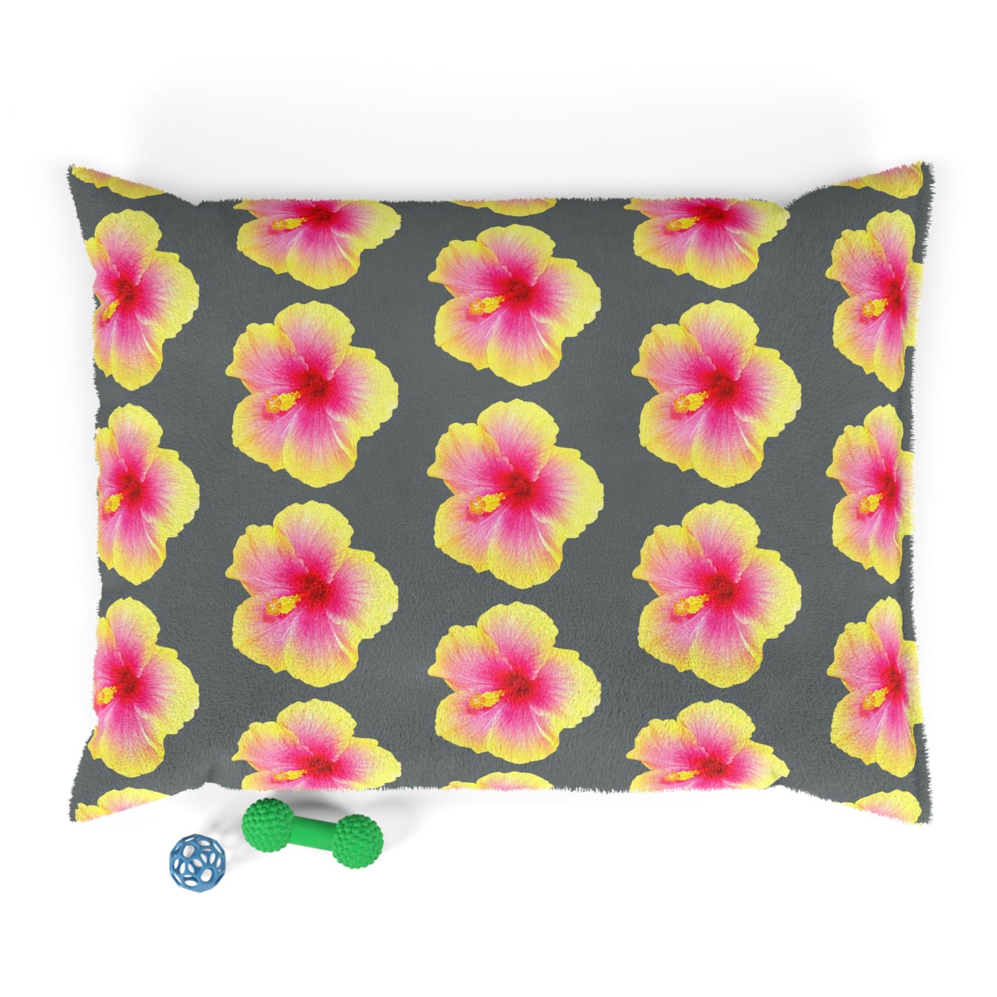 Pet Bed - Cozy and Fun Dog or Cat Bed for Beach Lovers / Real Yellow & Pink Hibiscus/Dark Grey