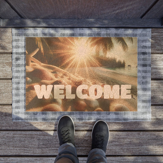 Tropical Door Mat / Vibrant Coconut Fiber Entrance Mat / Coastal Seashell Sunrise Beach