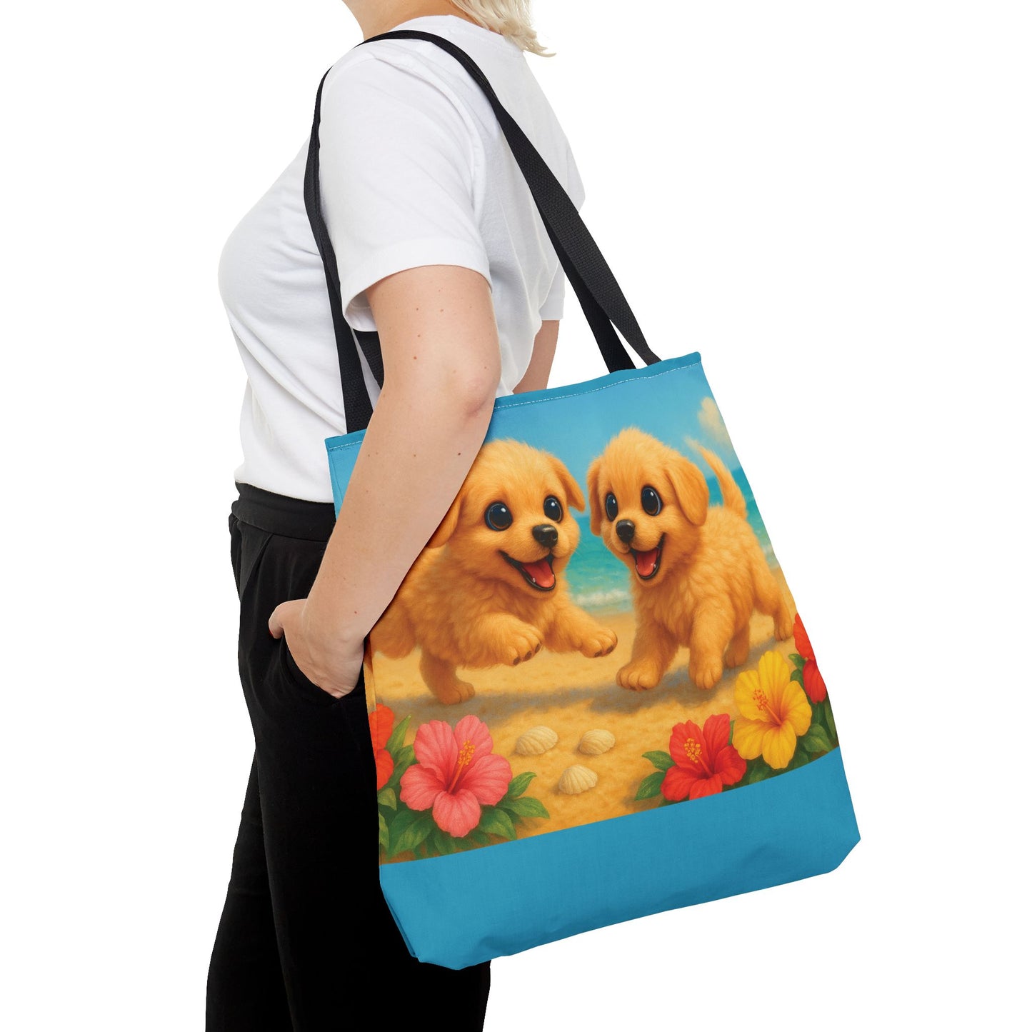 Two Puppies on Beach Tote Bag - 3 Sizes