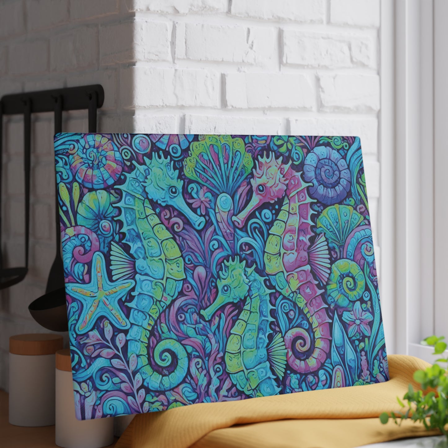 Glass Cutting Board, 2 sizes - Seahorses Turquoise Pop