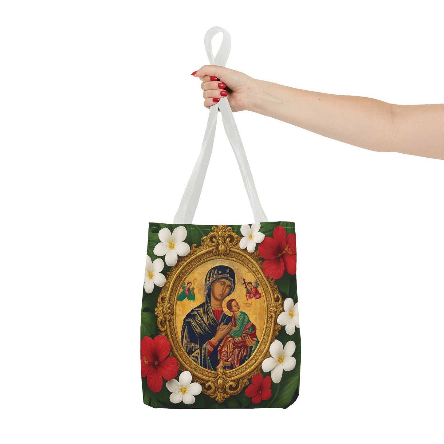 Religious Art Polyester Tote Bag, 3 Sizes / Our Lady of Perpetual Help, Red Flowers