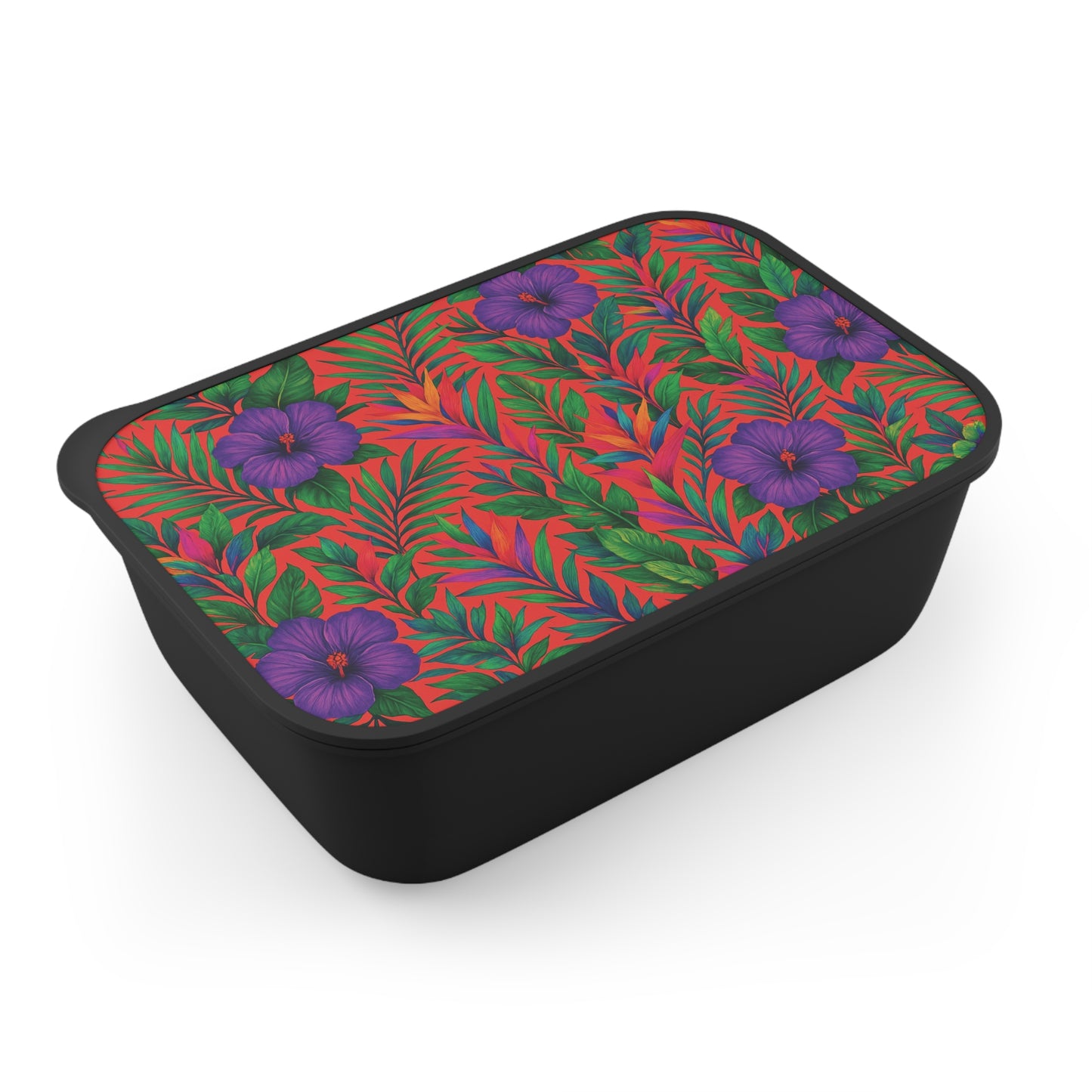 Bento Box with Utensils - Midnight Flower Coral