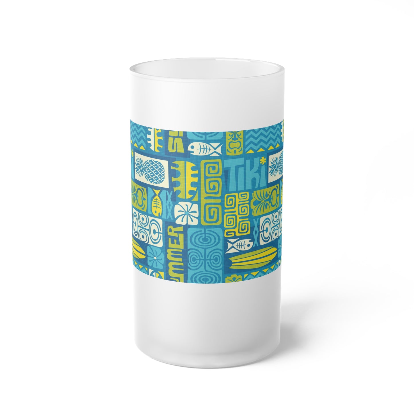 Frosted Glass Beer Mug, Tiki Poster Blue