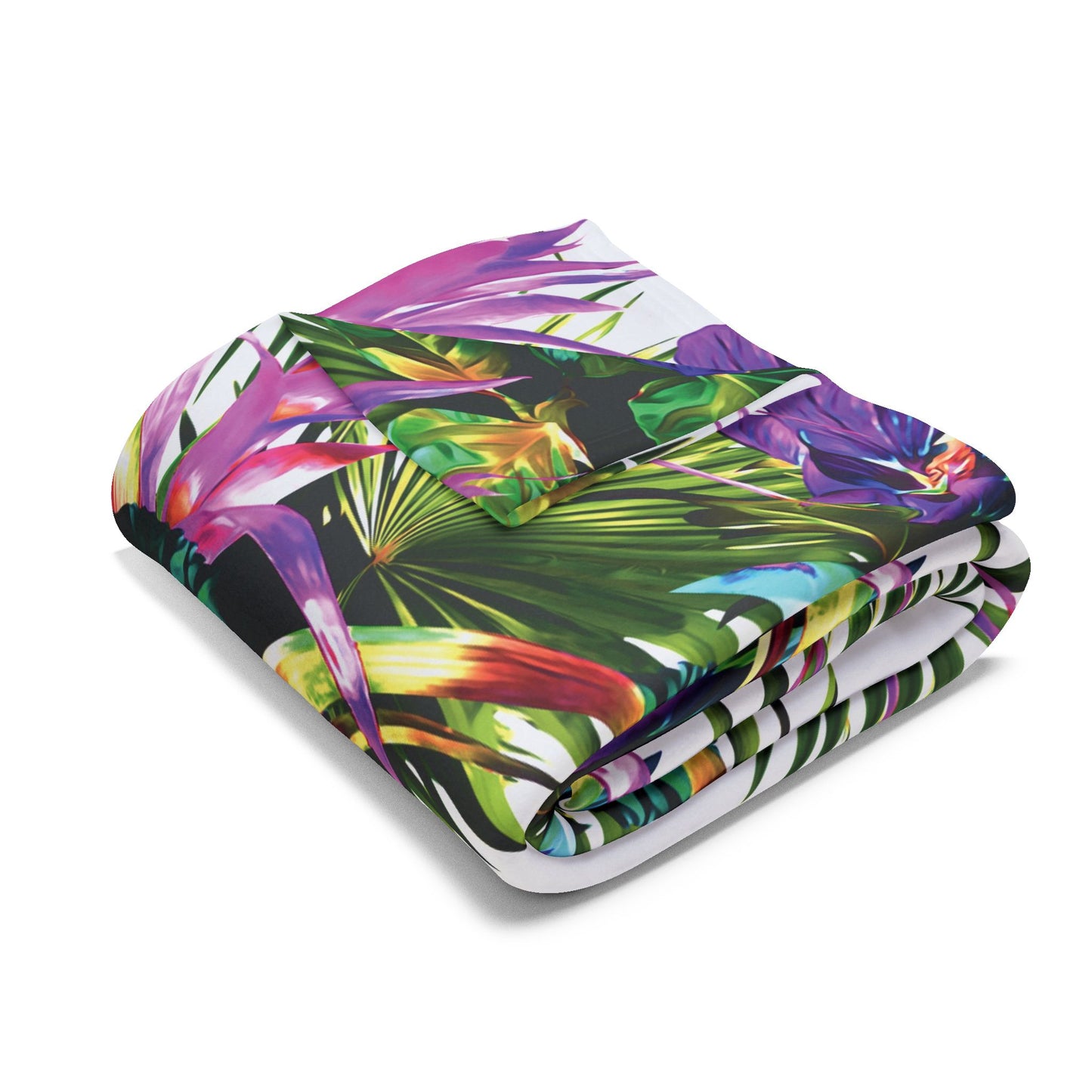 White Plant Palooza Fleece Blanket - Colorful Tropical Botanical Design