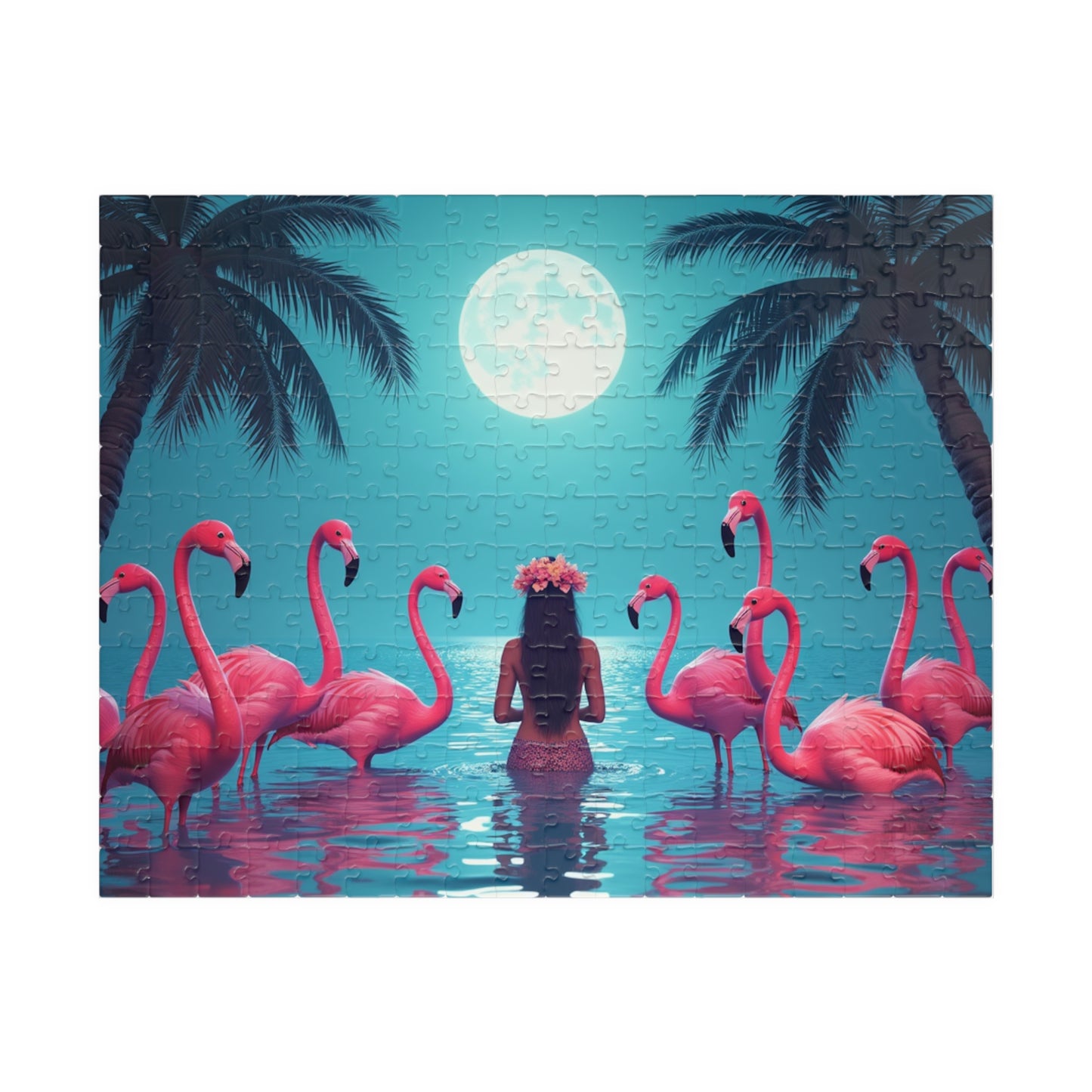 Moonlit Mermaid and Flamingos Troical Puzzle, 4 Sizes - Relaxing Jigsaw for Island Vibes