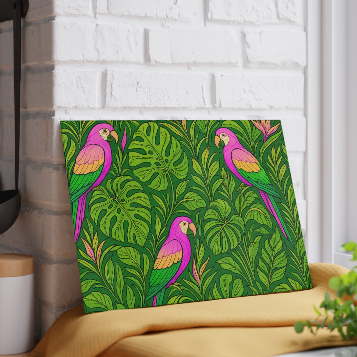 Glass Cutting Board, 2 sizes - Parrot Family/Pink