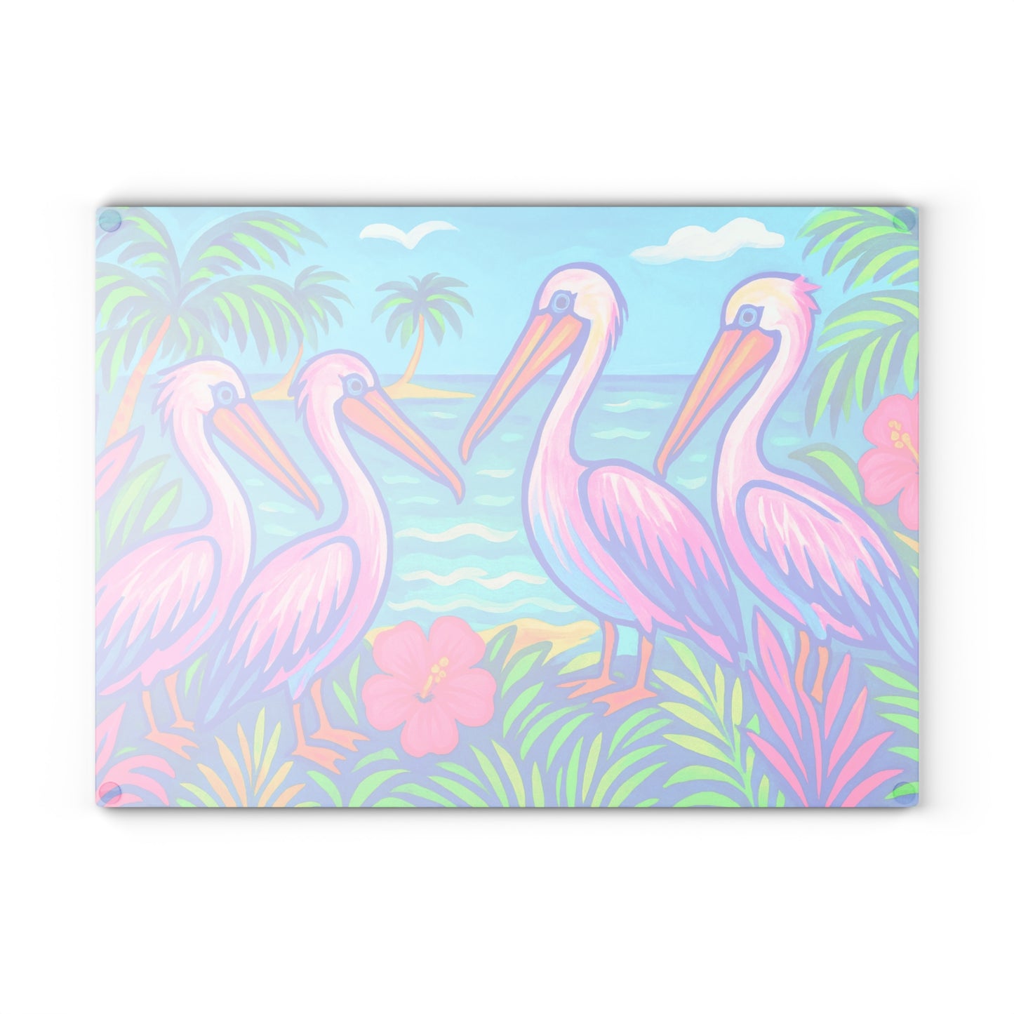 Glass Cutting Board, 2 sizes - Beach Pelican Party