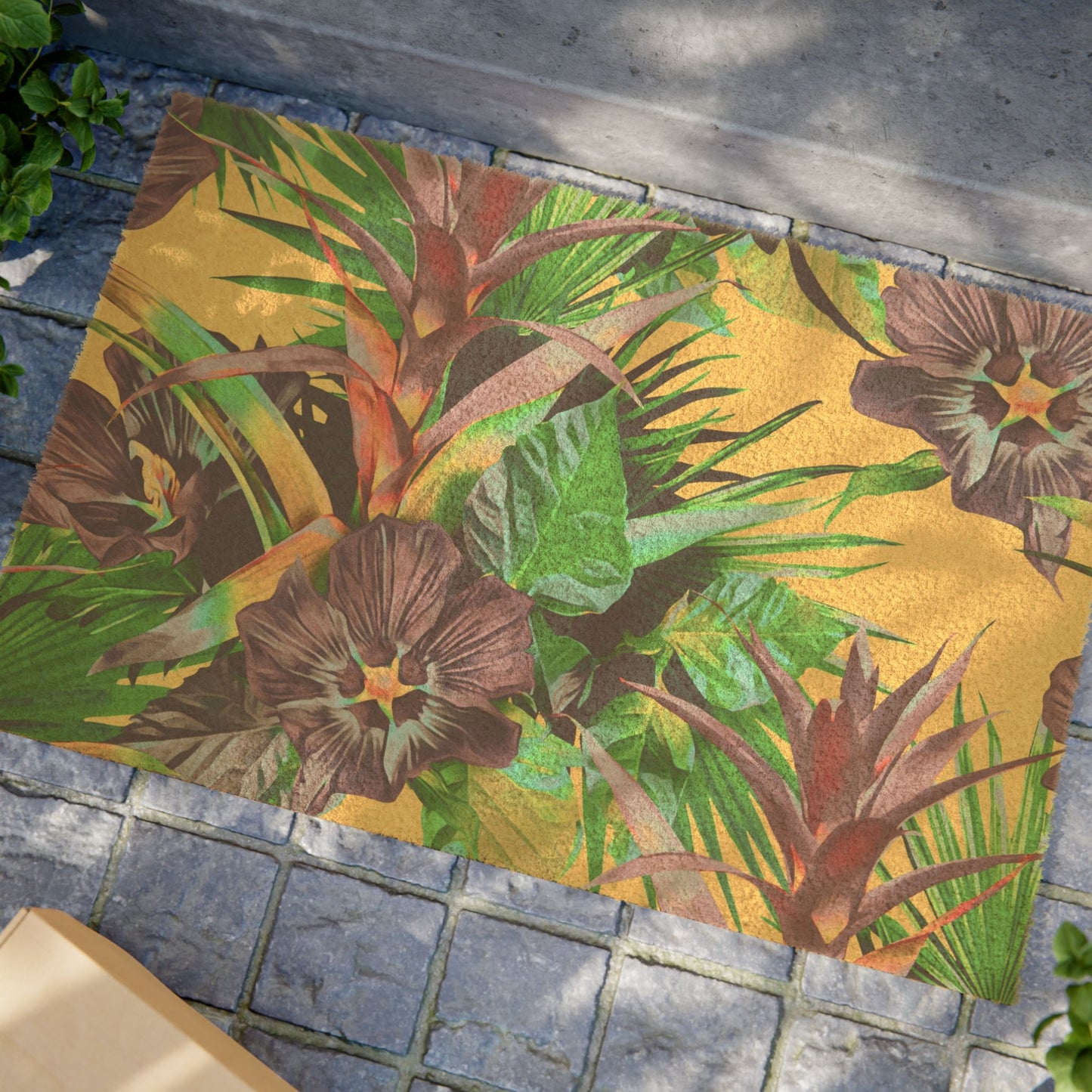 Floral Doormat / Vibrant Coconut Fiber Entrance Mat / Plant-Palooza, yellow