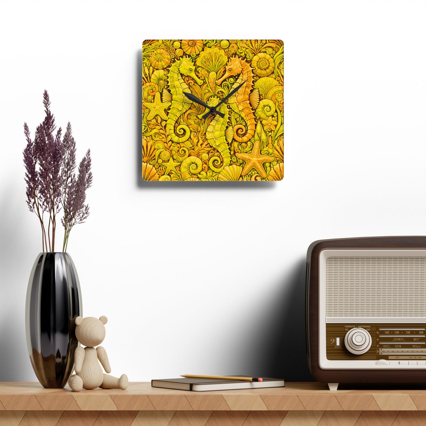 Acrylic Wall Clock / Seahorse Trio, Yellow