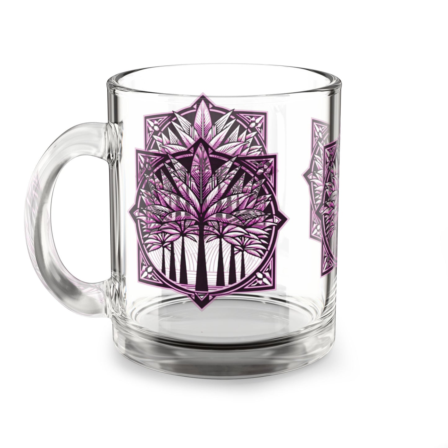 Tropical Glass Mug - 10oz Coffee Cup / Deco Palms, Pink