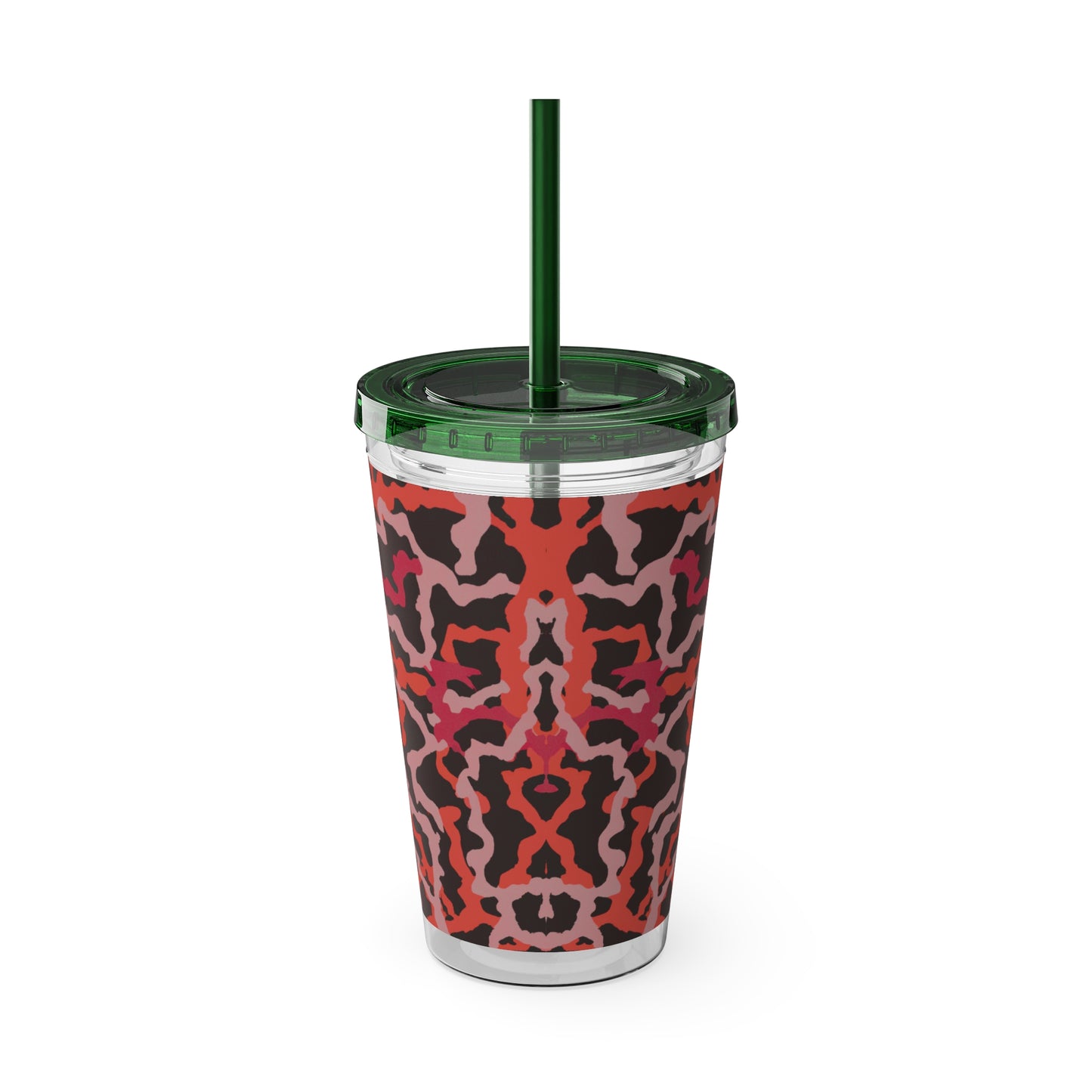 Tropical Tumbler with Straw | 16oz Colorful Travel Cup / Coral Threads, Red