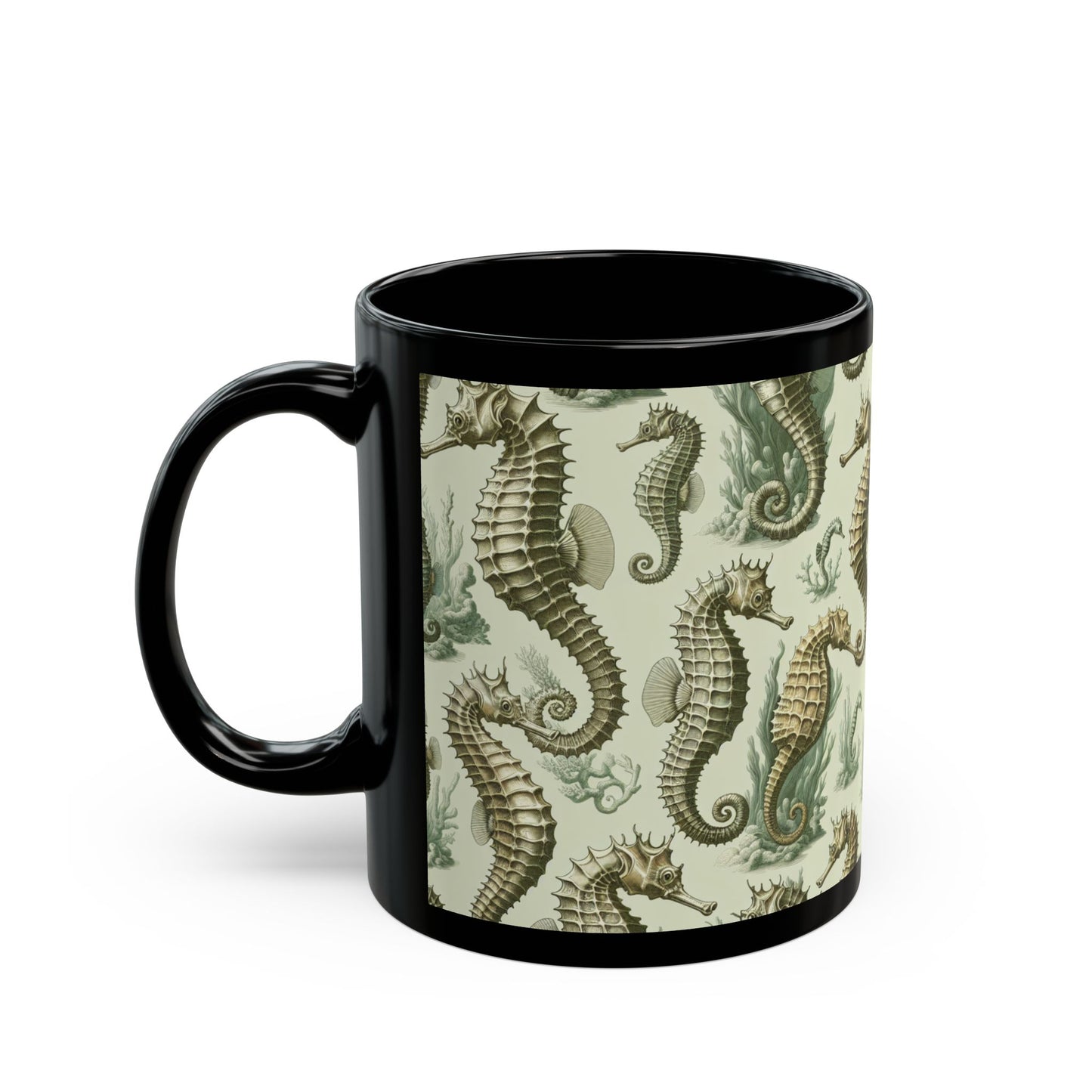 Black Coffee Mug - Green Toile Seahorses