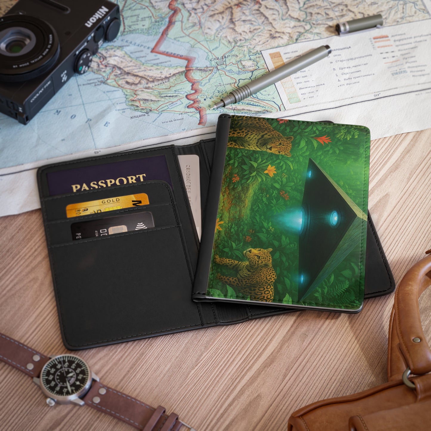 Tropical Passport Cover, Faux Leather - RFID blocking for travel security / UFO and Jaguars