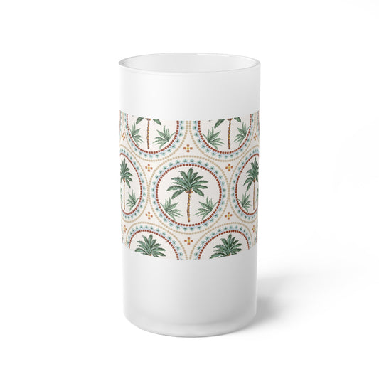 Frosted Glass Beer Mug, Mosaic Palm Tree