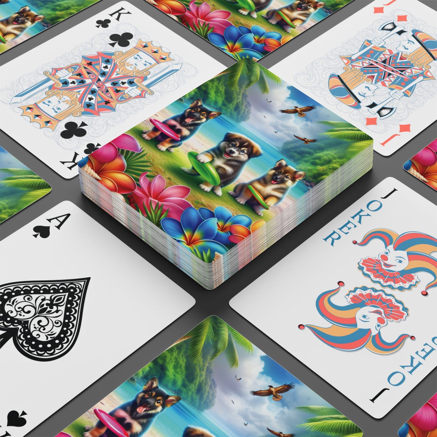 Poker Playing Cards - Puppies Playing Frisbee on Beach