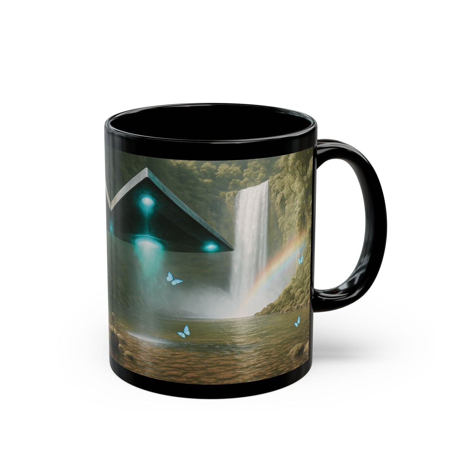 Black Coffee Mug - UFO and Waterfall