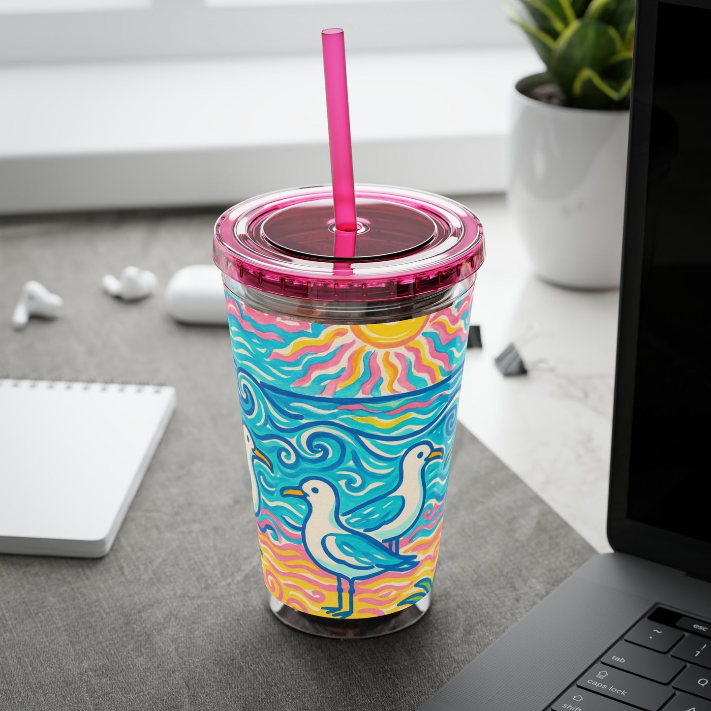 Tropical Tumbler with Straw | 16oz Colorful Travel Cup / Tropical Beach Seagulls