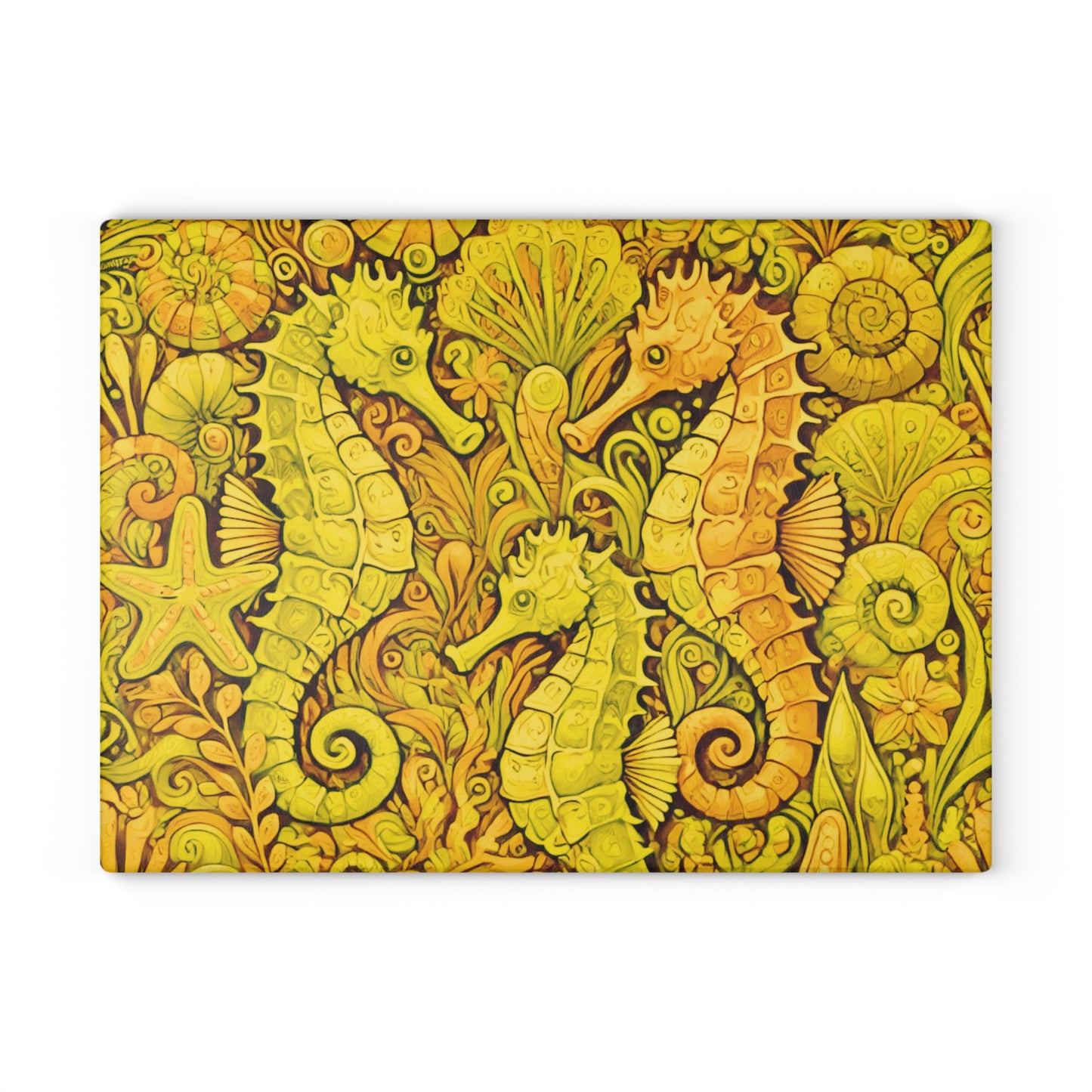 Glass Cutting Board, 2 sizes - Seahorses/Yellow