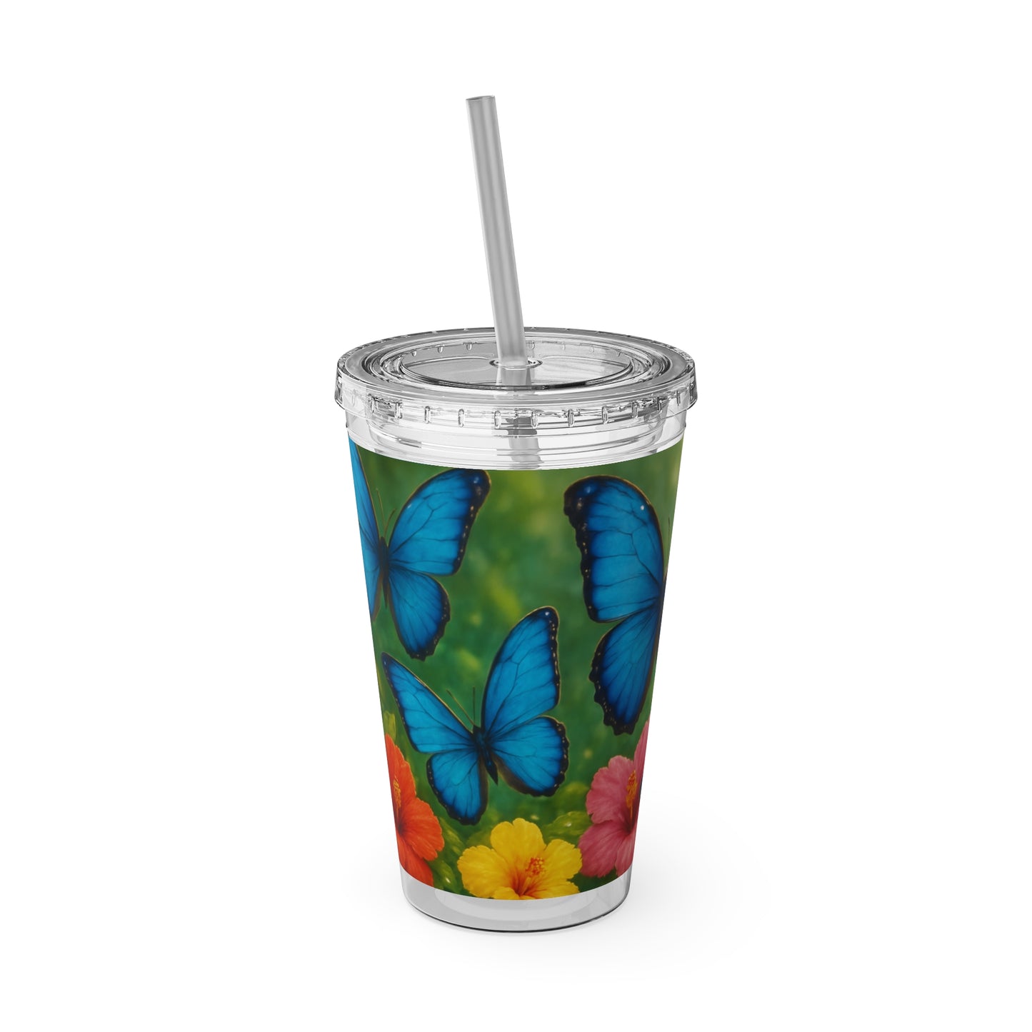 Tropical Tumbler with Straw | 16oz Colorful Travel Cup / Morpho Butterflies Flight
