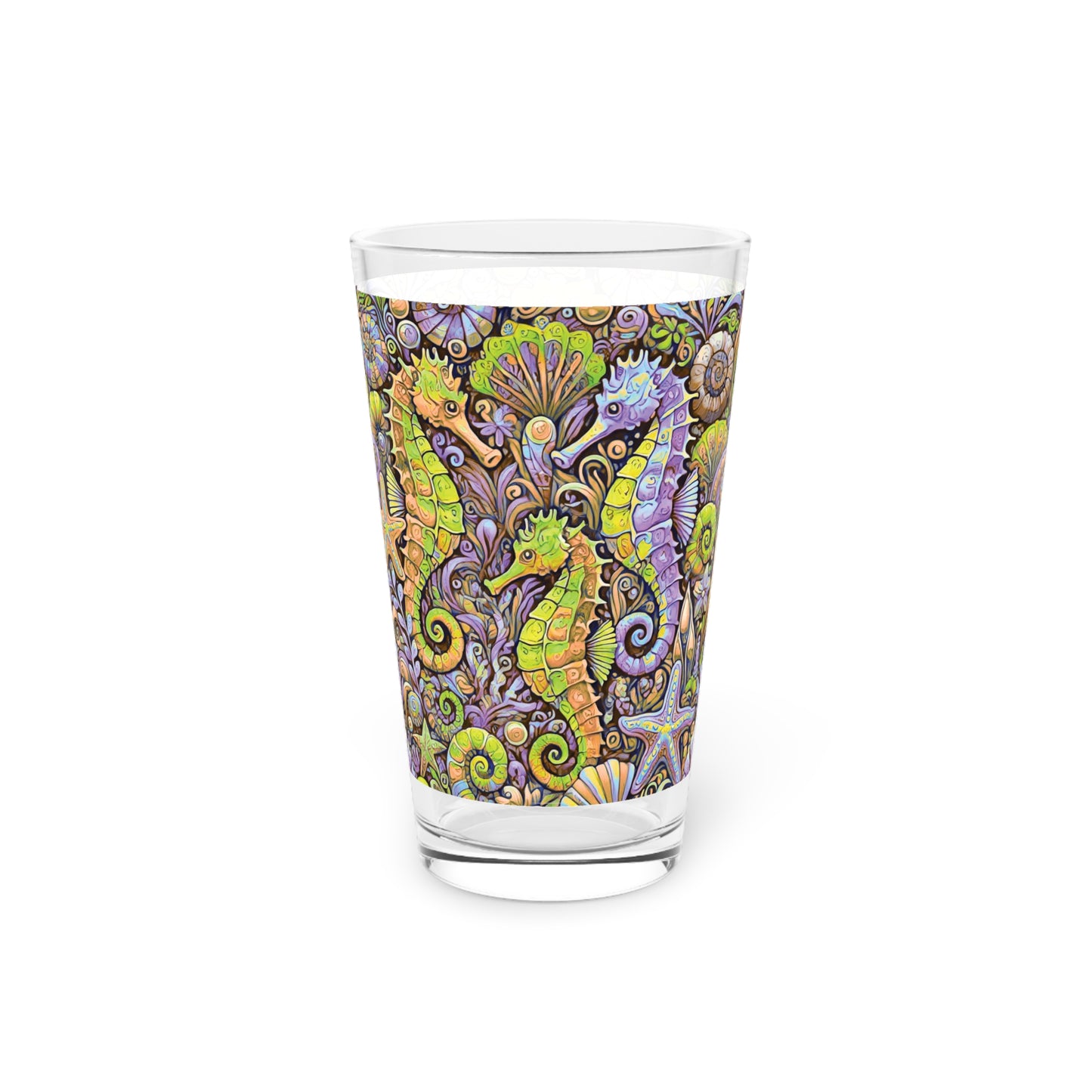 Pint Glass, 16oz - Seahorse Trio Yellow/Purple