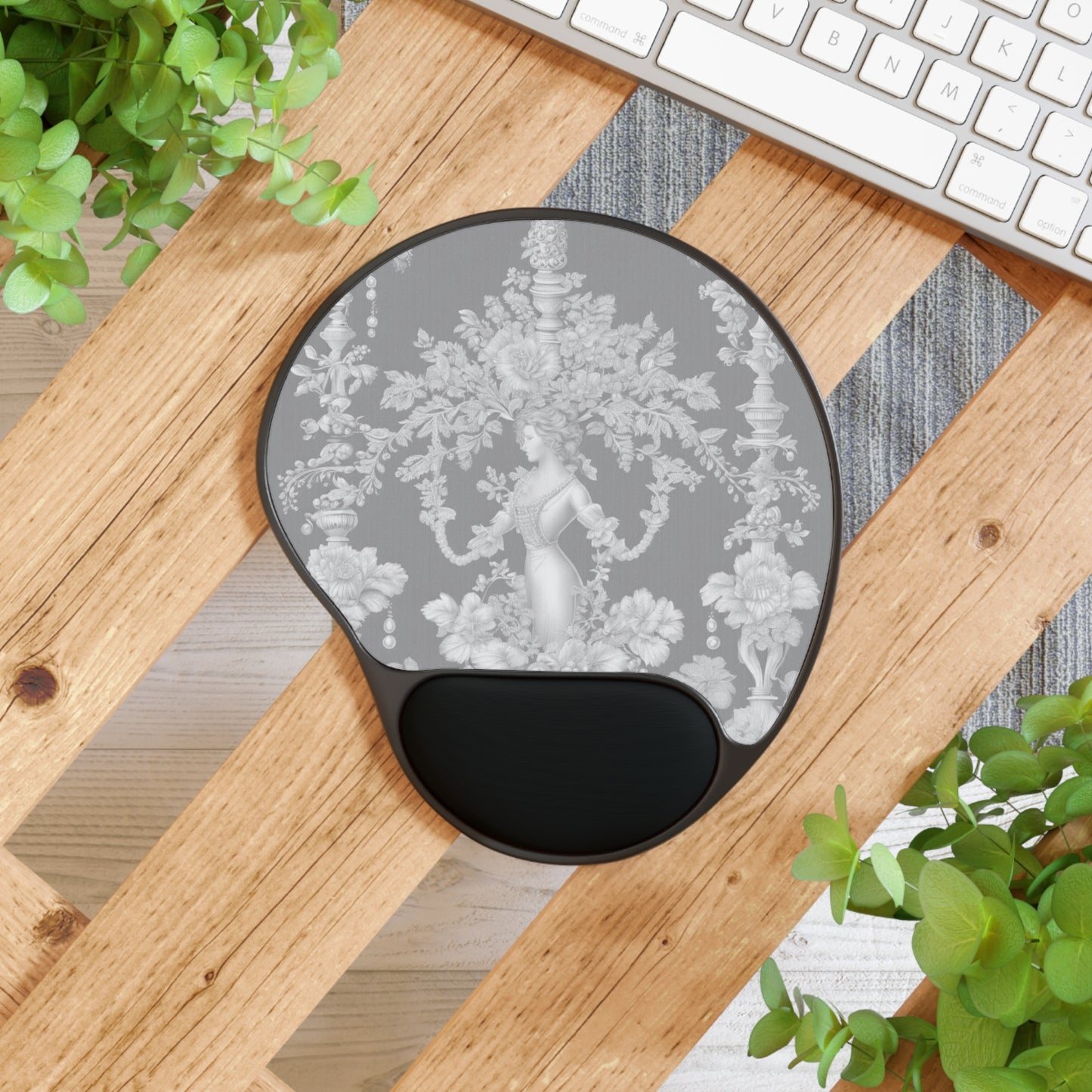 Mouse Pad With Wrist Rest, Pearl Lady Toile, Slate