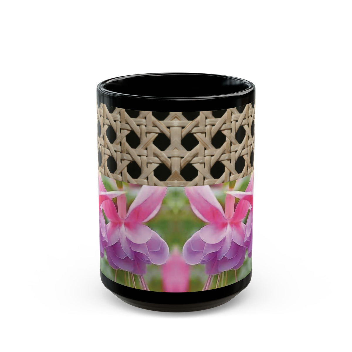 Black Coffee Mug - Wicker & Pink Fuschias