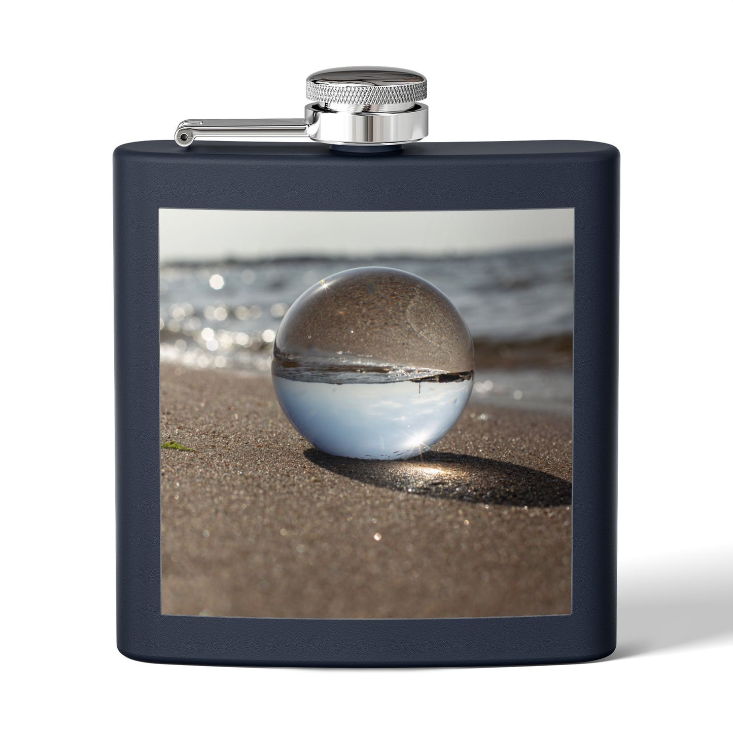 Tropical Stainless Steel 6 oz. Flask, Many Colors  – Crystal Ball on Smooth Beach