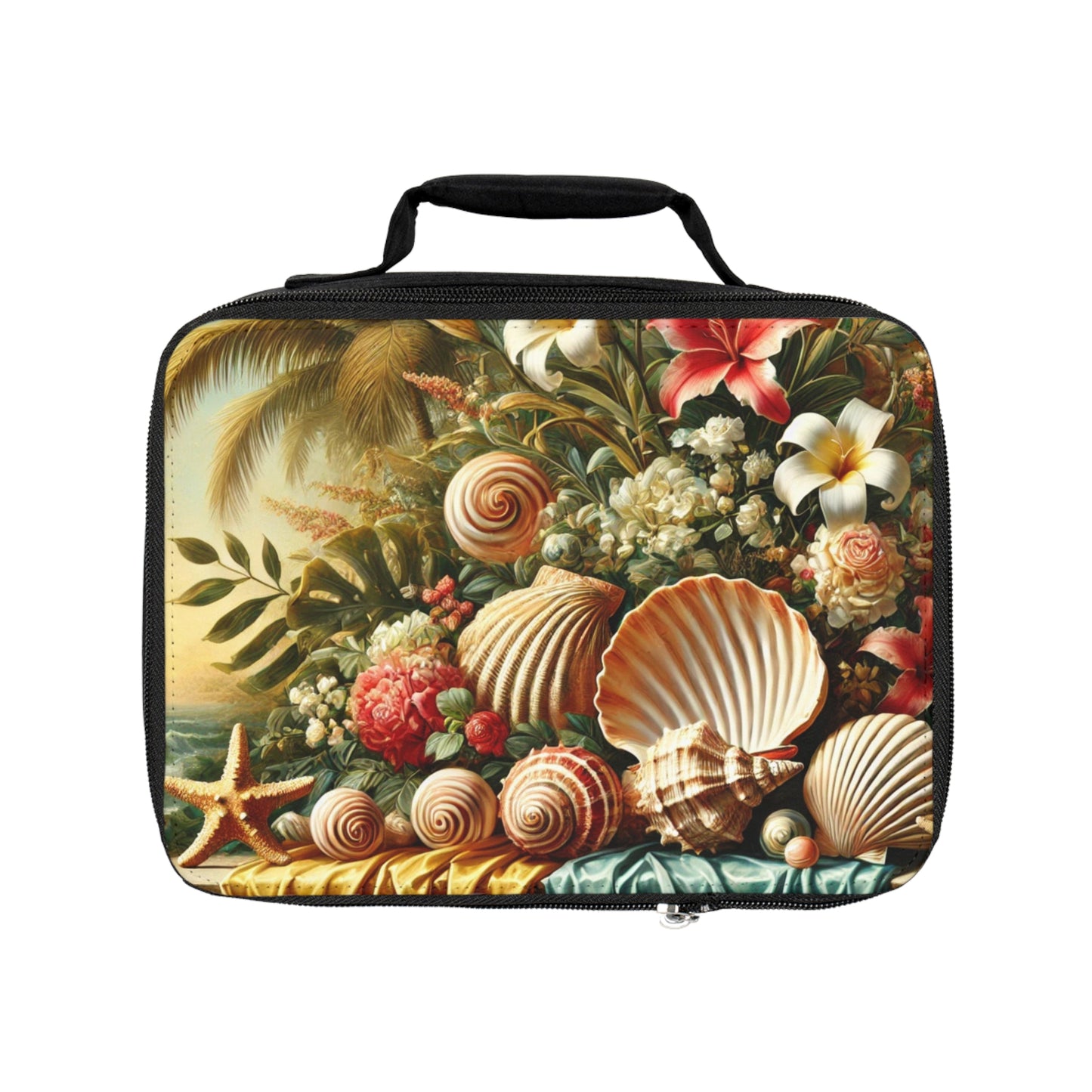 Shells and Flowers Still Life Lunch Bag - Eco-Friendly Insulated Tote, Adult and Child Lunchbox / Perfect for Picnics, Beach Outings